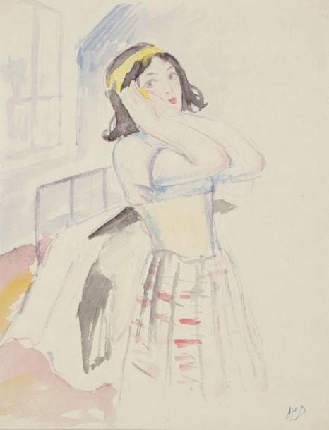 Raphaêl Maurice DROUART (1884-1972)
Femme au corset. Aquarelle sur vélin mince. [208 x 268]. Montée par les angles sur vélin gris, signée des initiales dans l'angle inférieur droit. 