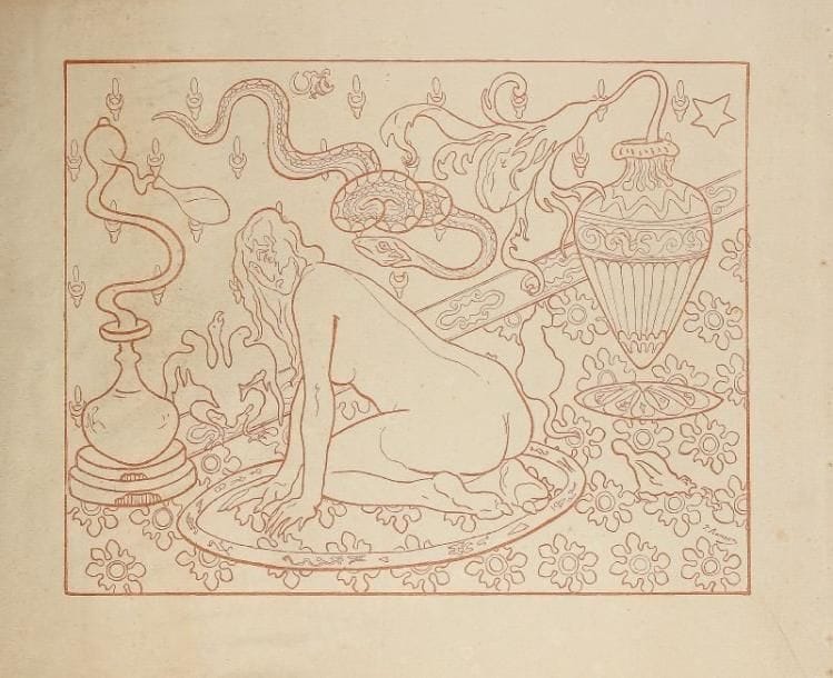 Paul-Élie Ranson (1862-1909) Sorcellerie. Vers 1892. Gillotage. 237 x 182. Impression en orange. Belle épreuve sur vergé crème. Empoussiérage général du feuillet. Quelques rousseurs claires. Toutes marges.