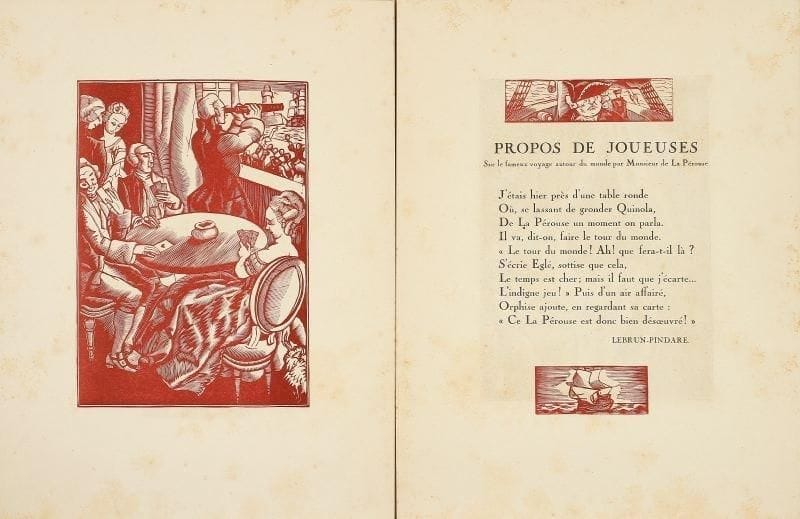 Fernand Siméon (1884-1928) Six Pièces du XVIIIe siècle ornées de bois de F. Siméon. À Paris, aux dépens de la Société de la Gravure sur Bois Originale, 1924. Une plaquette in-4° sur vélin, en feuilles, illustrée de bois gravés tirés en sanguine in- et hors-texte, sous chemise rempliée typographiée. Rousseurs claires éparses. L'un des 133 exemplaires, numéroté et nominatif (ex. de R. Drouart).