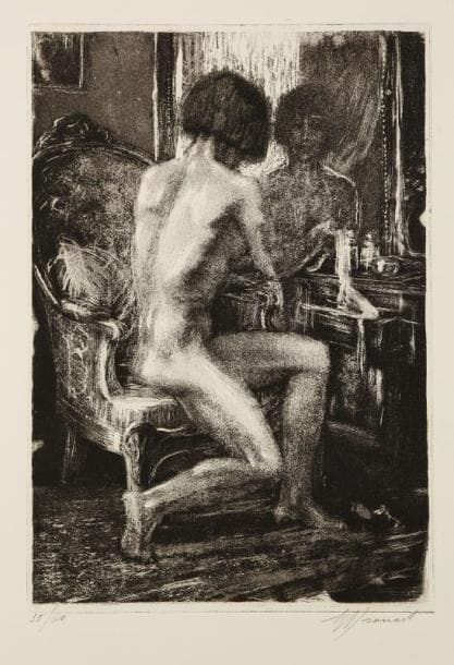 Raphaêl Maurice DROUART (1884-1972)
Femme assise sur son lit ; La Coiffure ; Le Tub au soleil (portraits de Cahout) ; Femme agenouillée sur le lit. 1926-1929. Gravure au noir de fumée. Formats divers. Cat. 301, 302, 304 et 308. Épreuves sur différents papiers, trois signées à la mine de plomb et justifiées ou numérotées. Tirages divers. Ens. 4 p.