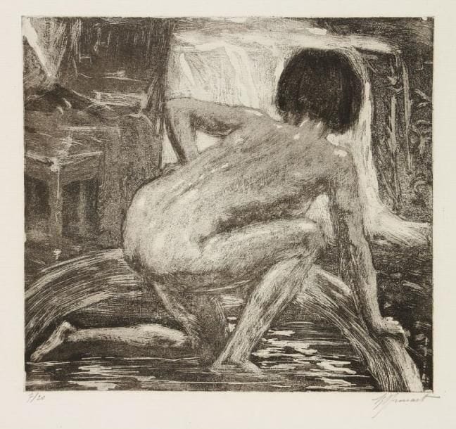 Raphaêl Maurice DROUART (1884-1972)
Femme se lavant (Cahout). 1929. Gravure au noir de fumée. 228 x 208. Cat. 305. Épreuve sur vergé de Montval, numérotée et signée à la mine de plomb. Tirage à 20 épreuves. 