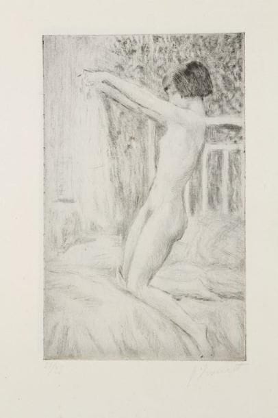 Raphaêl Maurice DROUART (1884-1972)
La Femme au tabouret ; La Petite baignoire ; La Chemise ; Le Lit. 1922-1923. Pointe sèche ; gravure au noir de fumée. Cat. 315, 316, 317 et 318. Épreuves sur différents papiers, signées à la mine de plomb, trois numérotées. Tirage à 25 épreuves (la première à seulement quelques épreuves). Ens. 4 p. 