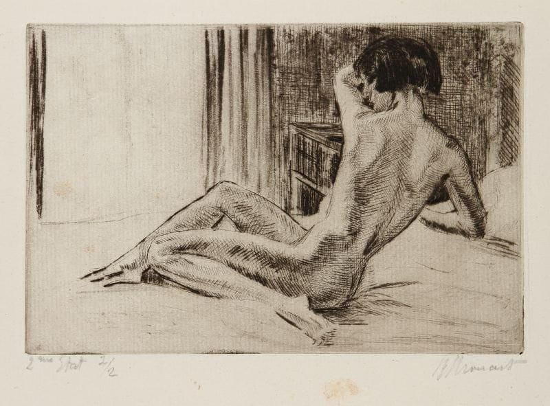 Raphaêl Maurice DROUART (1884-1972)
L'Éveil (III) ; Femme debout à sa toilette ; Femme assise sur un lit ; Femme assise chauffant sa chemise (portraits de Cahout). 1925-1930. Pointe sèche. Cat. 319, 320, 321 et 322. Formats divers. Épreuves sur différents papiers, signées à la mine de plomb, annotées ou numérotées. Tirages divers. Ens. 4 p.