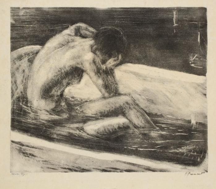 Raphaêl Maurice DROUART (1884-1972)
Femme au bain (Cahout). Monotype. 295 x 248. Cat. non décrit (349 bis). Épreuve sur japon, annotée à la pierre noire « monotype » et signée. Petites épidermures et traces d'adhésif aux bords du feuillet.