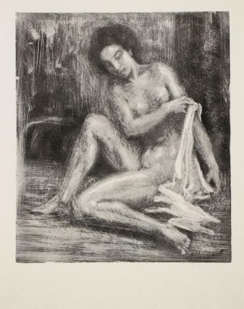 Raphaêl Maurice DROUART (1884-1972)
Femme assise par terre enlevant sa chemise. Monotype. 245 x 284. Cat. 350. Épreuve sur vélin ancien, signée à la pierre noire dans l'angle inférieur droit du cuivre. 