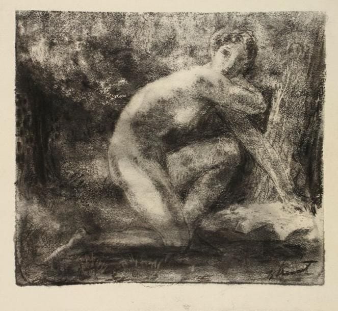 Raphaêl Maurice DROUART (1884-1972)
Femme agenouillée près d'un arbre. Contre-épreuve de monotype. 288 x 248. Cat. 358. Épreuve sur vélin fort, avec reprises au fusain et à la pierre noire, signée dans l'angle inférieur droit du cuivre.