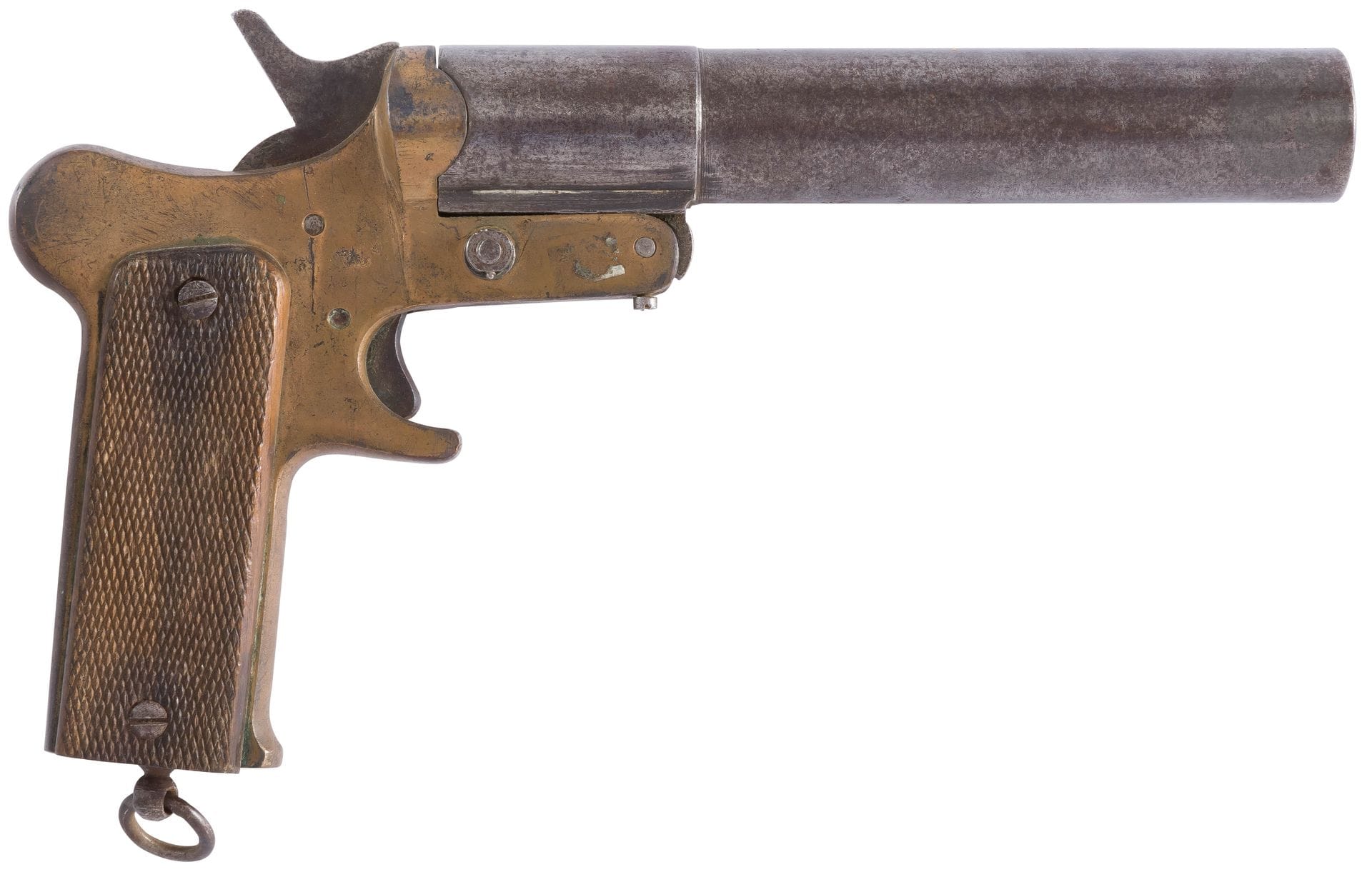 FRANCE.
Signal pistol model 1918. Round iron barrel. Carcass in bronze. Plates of squared wooden stick.
A.B.E.

