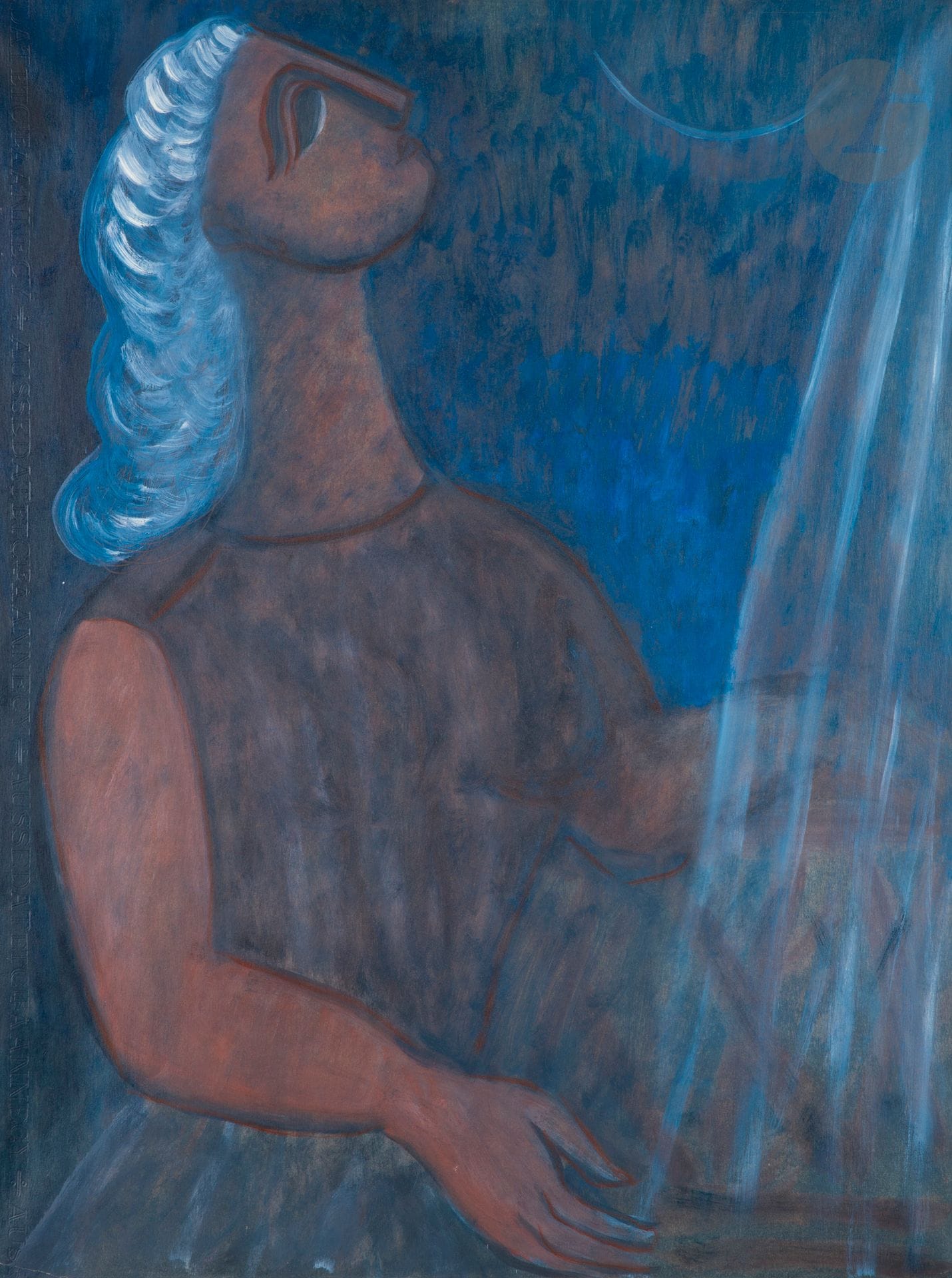 Méline KOTCHAR (1899-c.1969)
Femme au clair de lune
Crayon gras et huile sur papier contrecollé sur toile.
Cachet de la vente d’atelier au dos.
65 x 50 cm