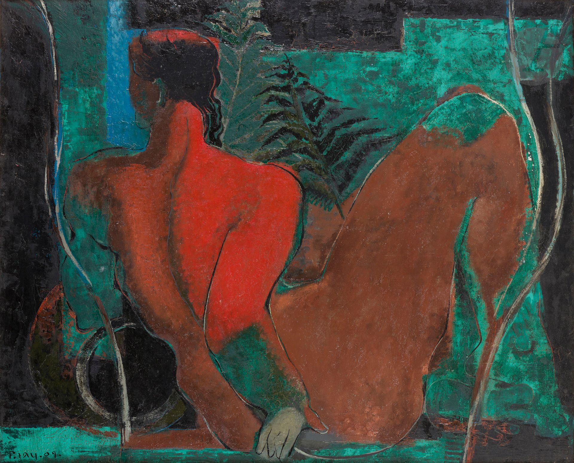 Jean-Paul BRAY (XXe siècle)
Femme nue à la jarre
Huile sur toile.
Signée en bas à droite.
Signée au dos sur le châssis.
81 x 100 cm

Provenance  : 
Famille de l’artiste.

Exposition  : 
Salon des Indépendants, 1958 (étiquette au dos).