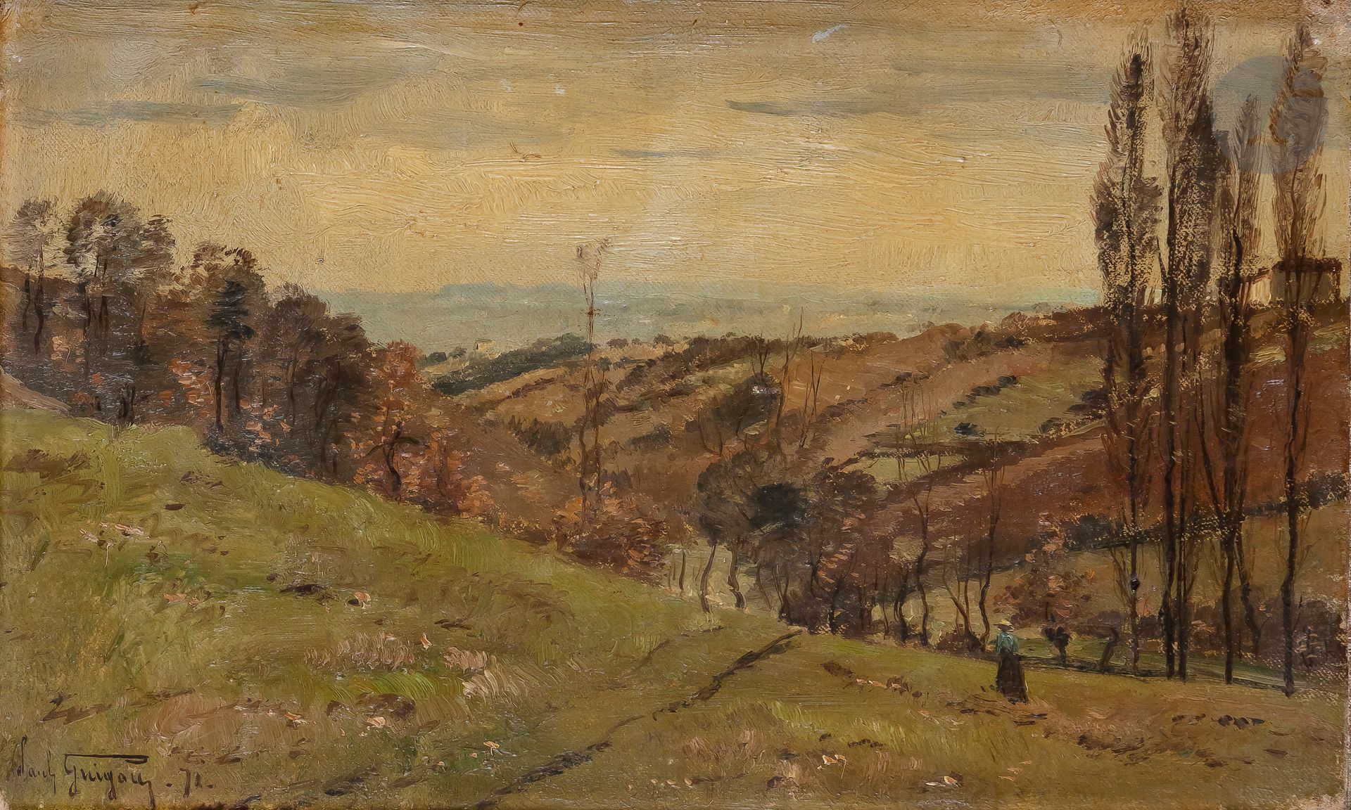 Paul Camille GUIGOU (1834-1871)
Landscape in the valley, 1871
Oil on canvas pasted on canvas.
Signed and dated lower left.
(Wear).
16 x 26 cm