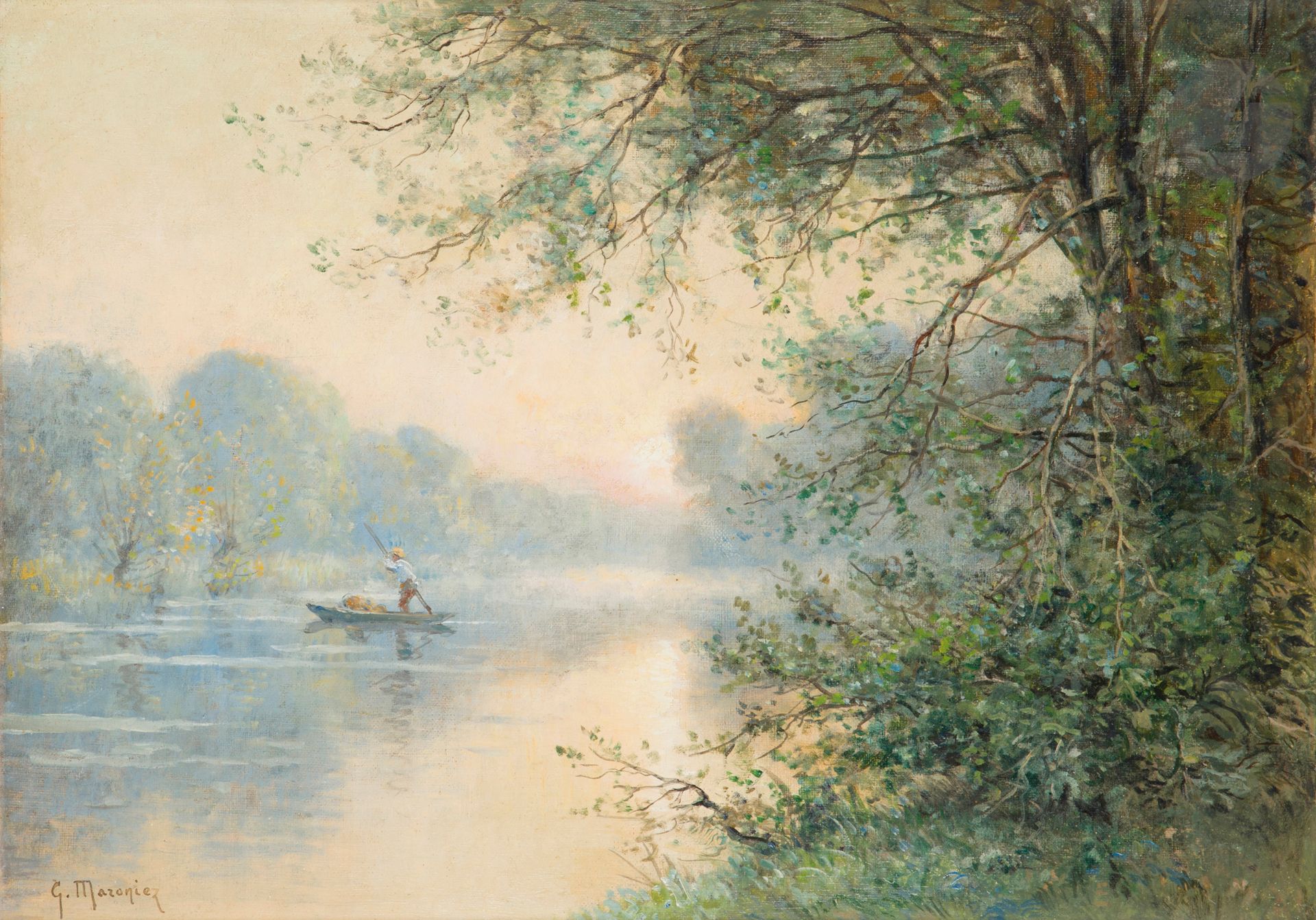 Georges Philibert MARONIEZ (1865-1933)
Barque sur l’étang
Huile sur toile.
Signée en bas à gauche.
(Rentoilée).
33 x 46 cm