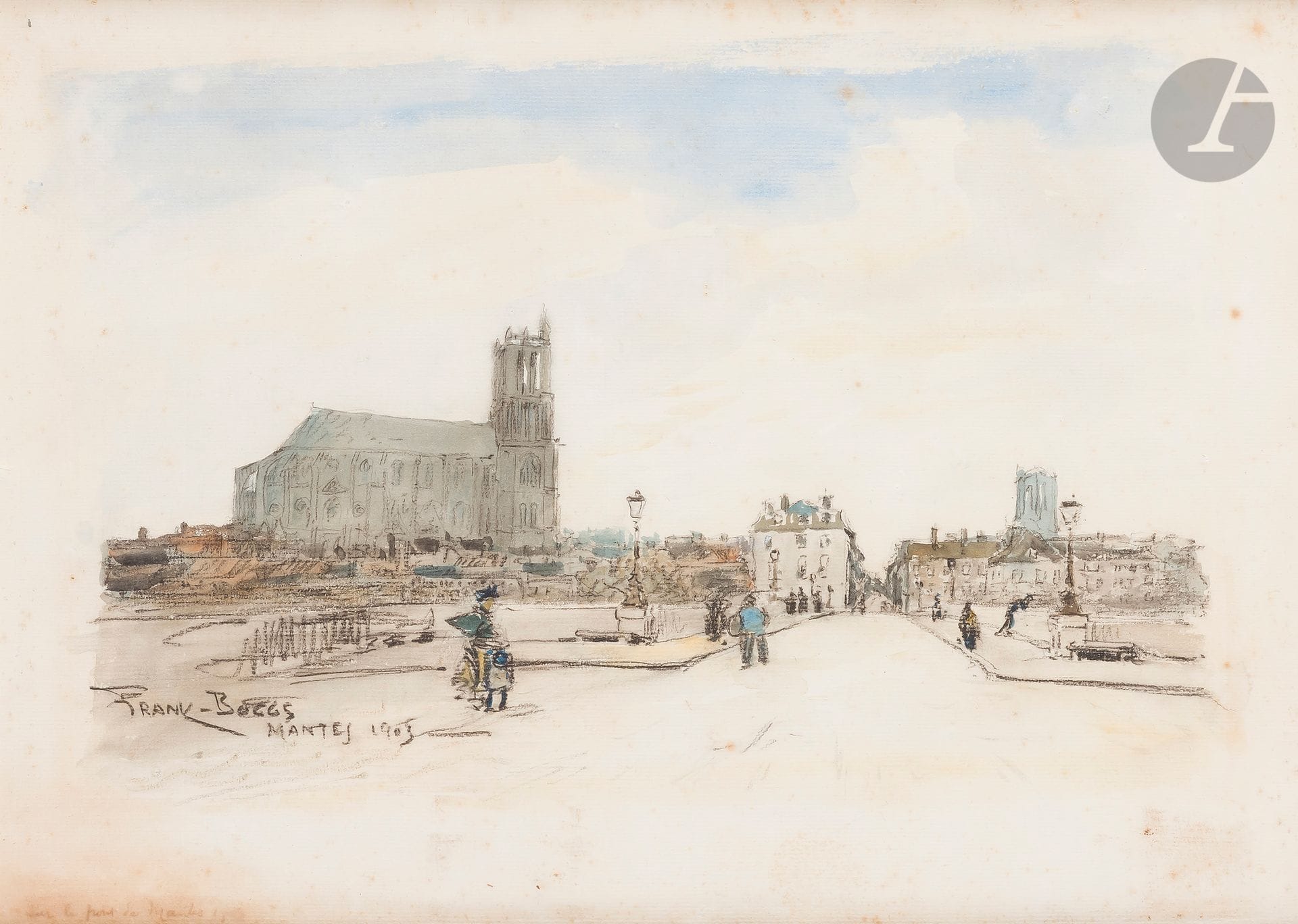 Frank-Myers BOGGS (1855-1926)
Le Pont de Mantes, 1903
Aquarelle et fusain.
Signée, datée et située en bas à gauche.
(Rousseurs).
31,5 x 44 cm
