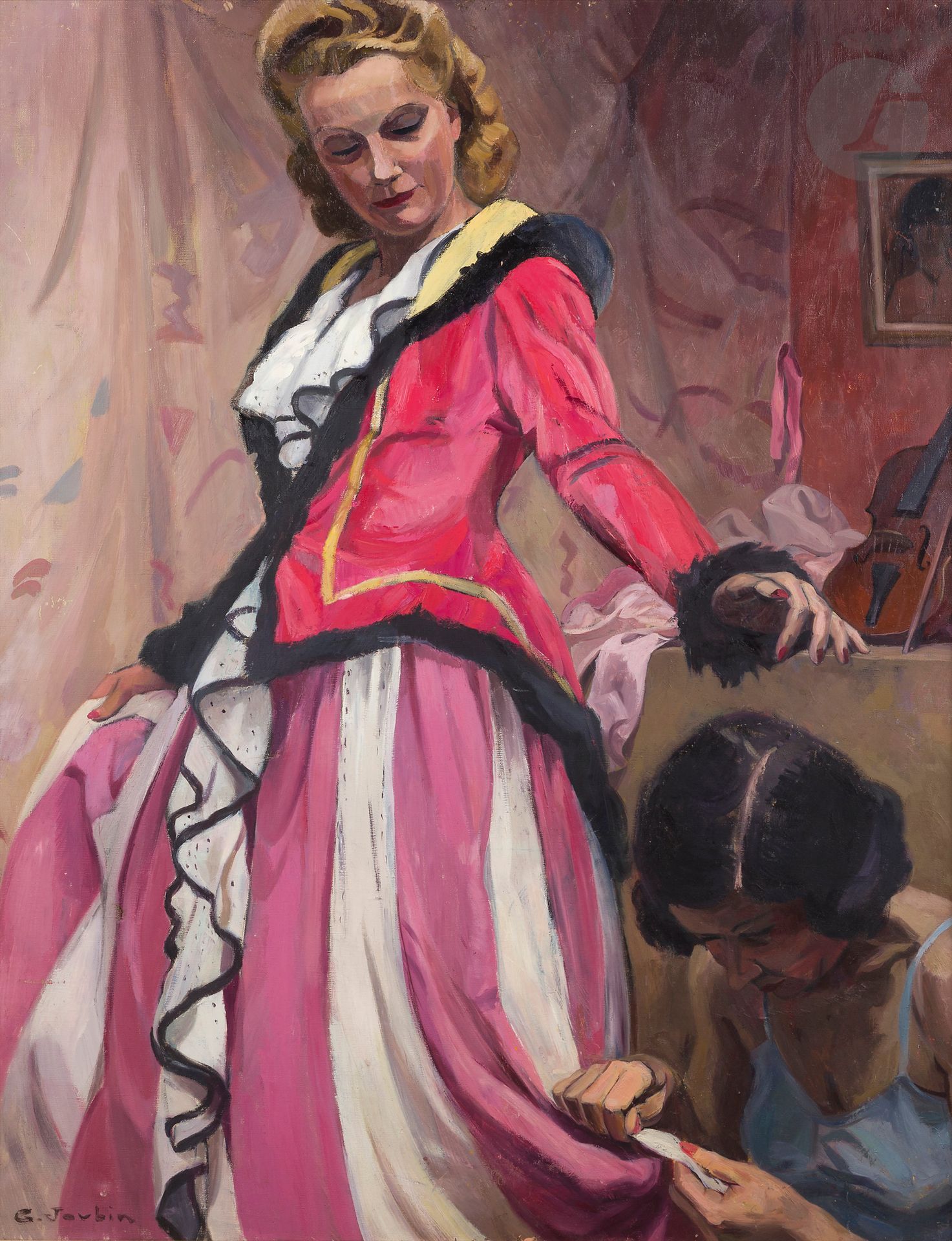 Georges JOUBIN (1888-1983)
La Robe, 1975
Huile sur toile.
Signée en bas à gauche.
Signée et datée au dos.
130 x 97 cm
(Deux petits accidents).

Exposition  : 
Société Nationale des Beaux-Arts, Paris, 1975 (mention au dos).