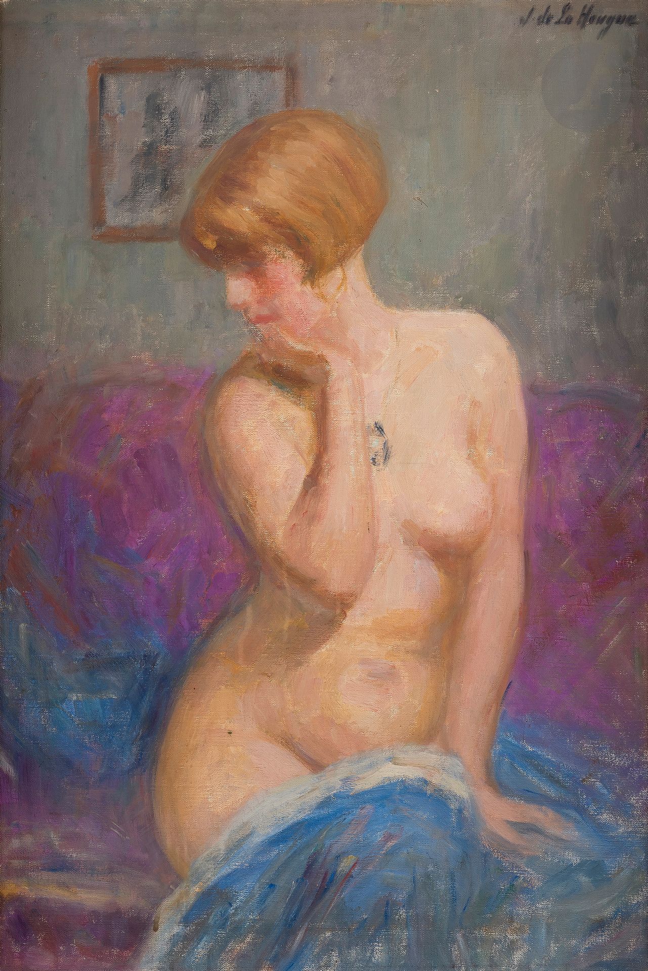 Jean de LA HOUGUE (1874-1959)
Femme nue au divan
Huile sur toile.
Signée en haut à droite.
73 x 50 cm