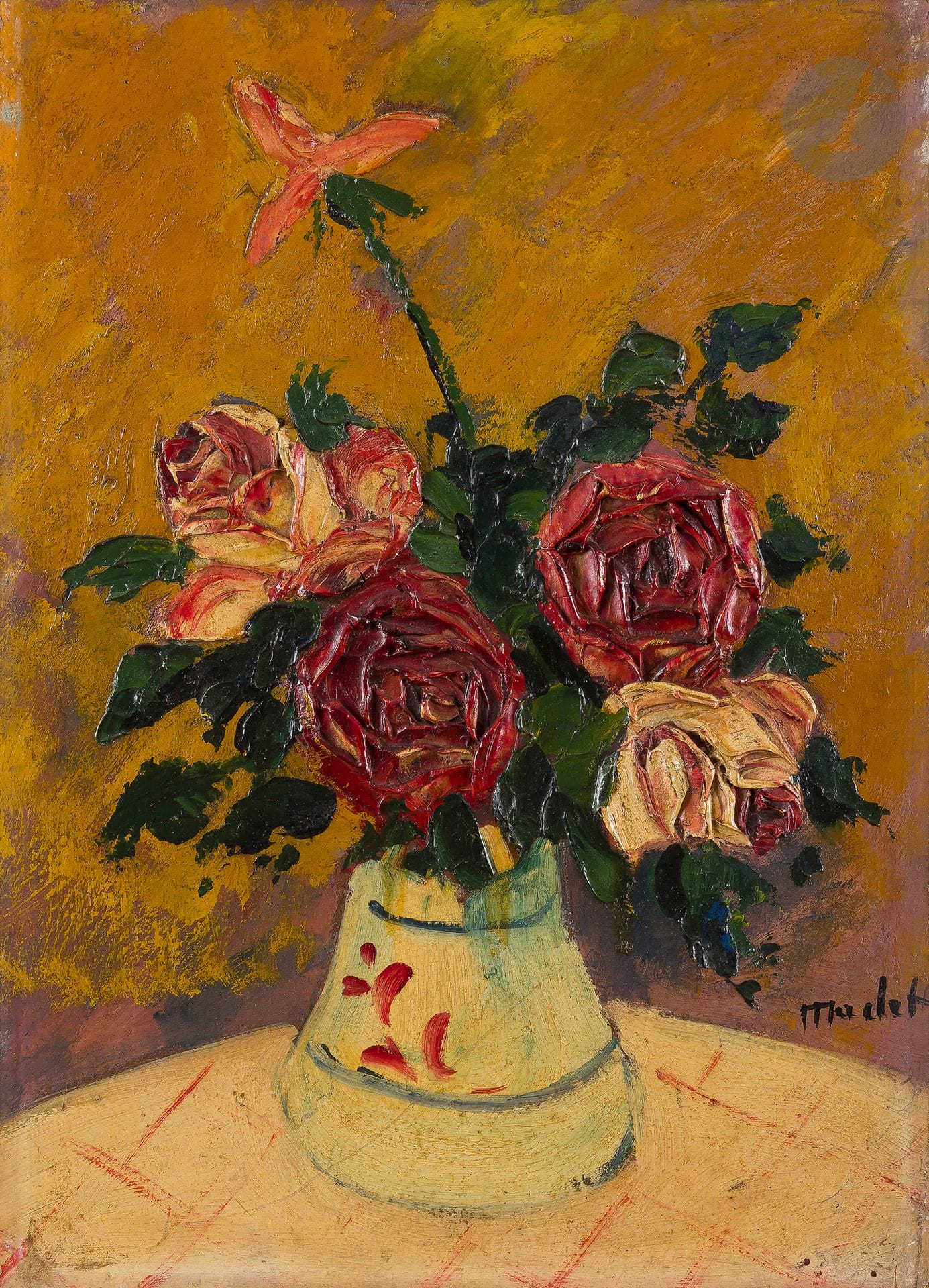 Élisée MACLET (1881-1962)
Bouquet de roses
Huile sur carton.
Signée en bas à droite.
37 x 27 cm