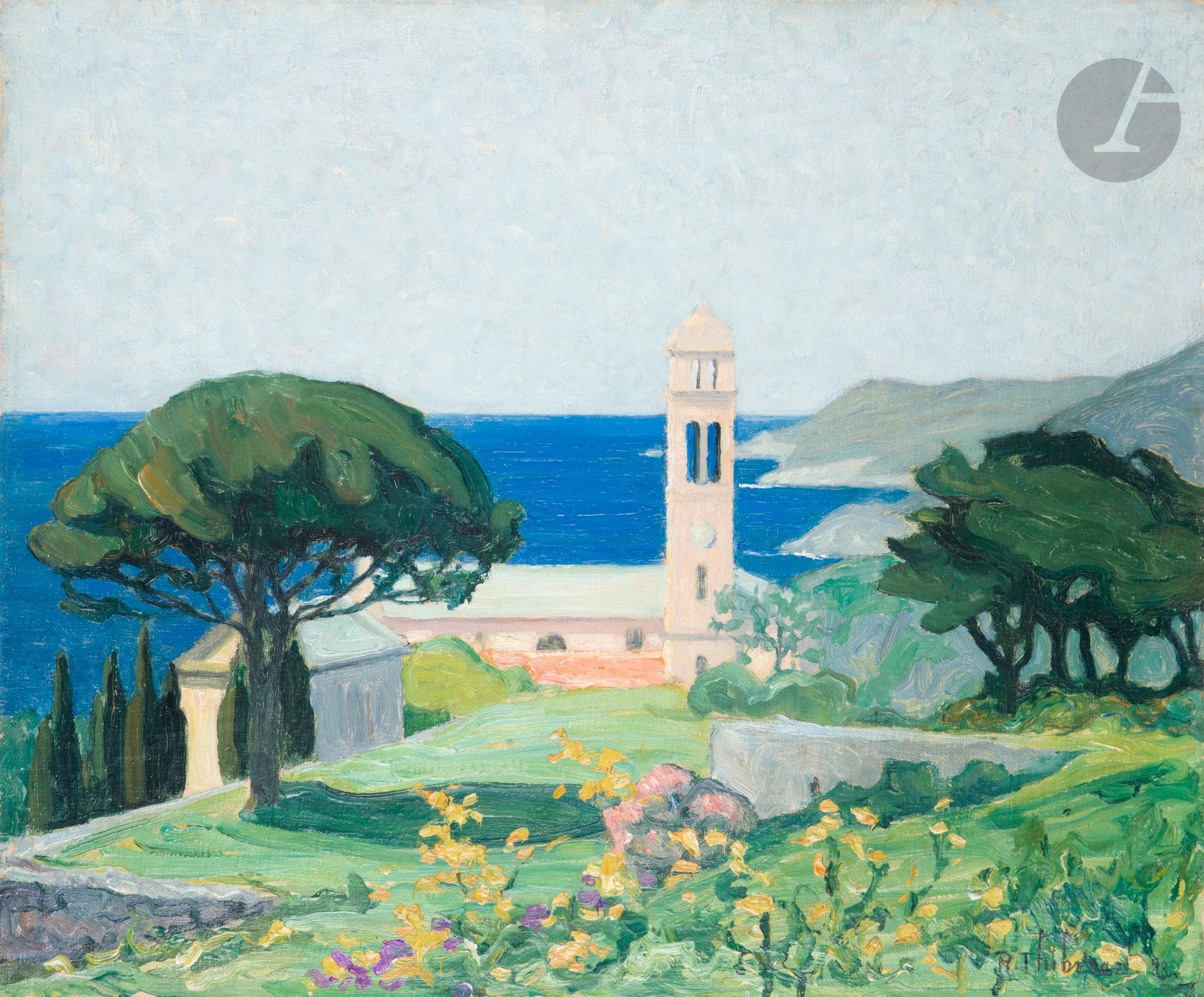 Raymond THIBÉSART (1874-1963)
Église de Pino, Cap Corse, 1928
Huile sur toile.
Signée et datée en bas à droite.
Signée, datée et titrée au dos.
54 x 65 cm