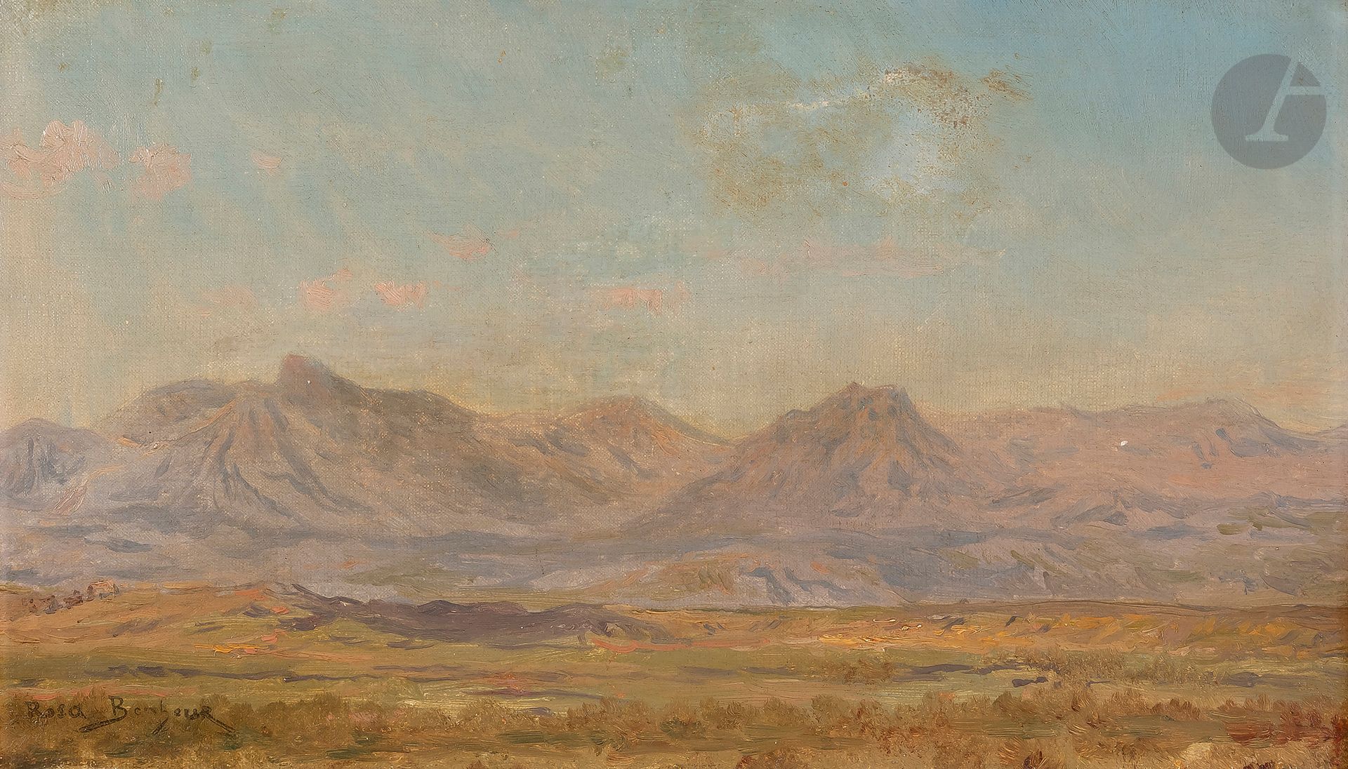 Rosa BONHEUR (1822-1899)
Le Matin au-dessus des cimes
Huile sur toile.
Timbrée en bas à gauche (Lugt 274).
21 x 36 cm

Provenance  : 
Vente de l’atelier de l’artiste, Paris, Galerie Georges Petit, Me Chevallier, 30 mai - 2 juin 1900, n° 830, « Le matin au-dessus des cimes », adjugé 160 francs (au verso, cachet de cire de la vente, Lugt 276, et numéro du lot à la craie rouge).