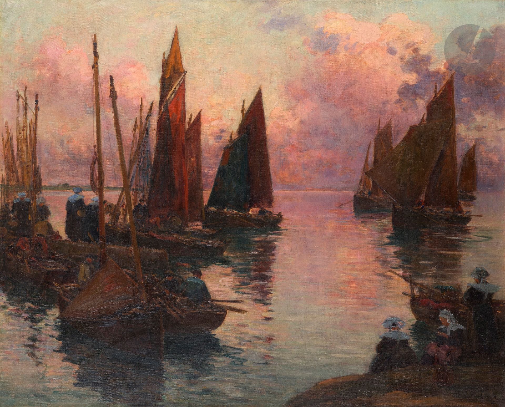 Fernand LEGOUT-GÉRARD (1856-1924)
Retour de pêche en Bretagne
Huile sur toile.
Signée en bas à gauche.
(Petites restaurations).
65,5 x 81 cm
