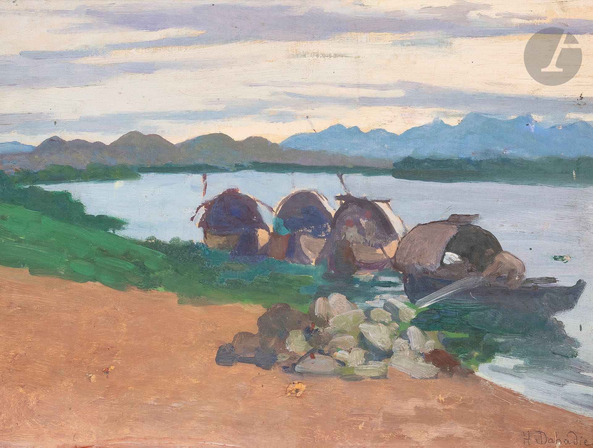 Henri DABADIE (1867-1949)
Bateaux sur les bords du Mékong, vers 1928
Huile sur panneau.
Signée en bas à droite.
27 x 35 cm