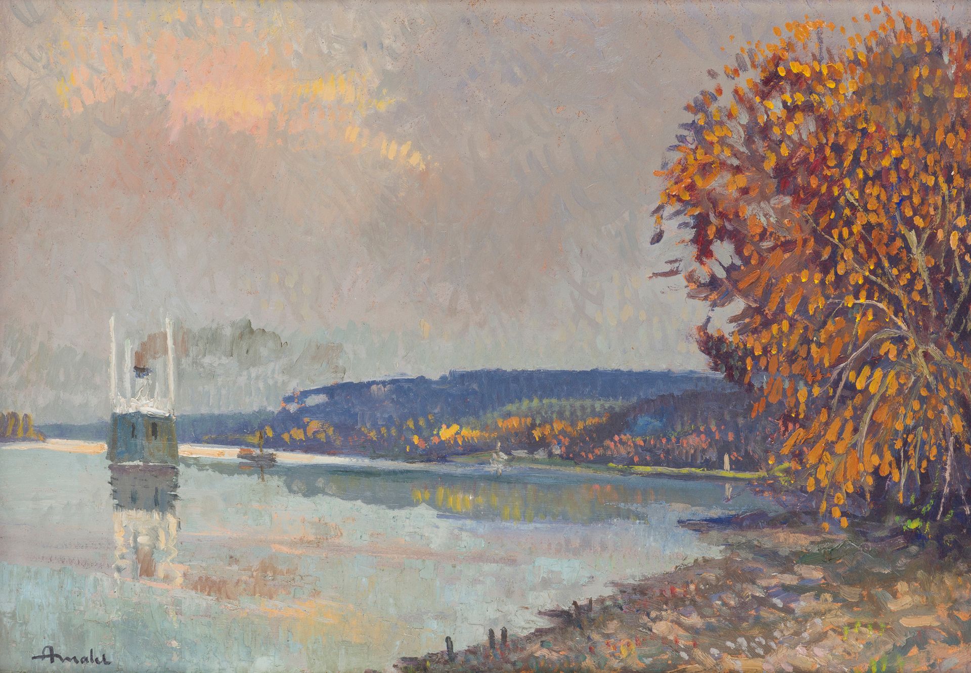Albert MALET (1905-1986)
La Seine à la Fontaine
Huile sur panneau.
Signée en bas à gauche.
46 x 65 cm