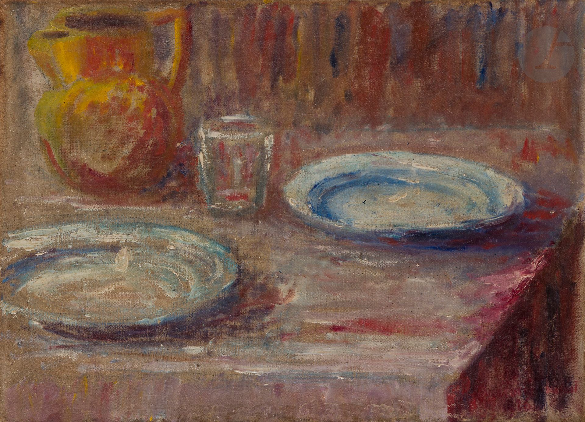 Miguel Carlos VICTORICA 
(1884-1955)
Pitcher, glass and plates, 1926
Oil on canvas.
Signed and dated lower right.
(Wear).
33 x 46 cm