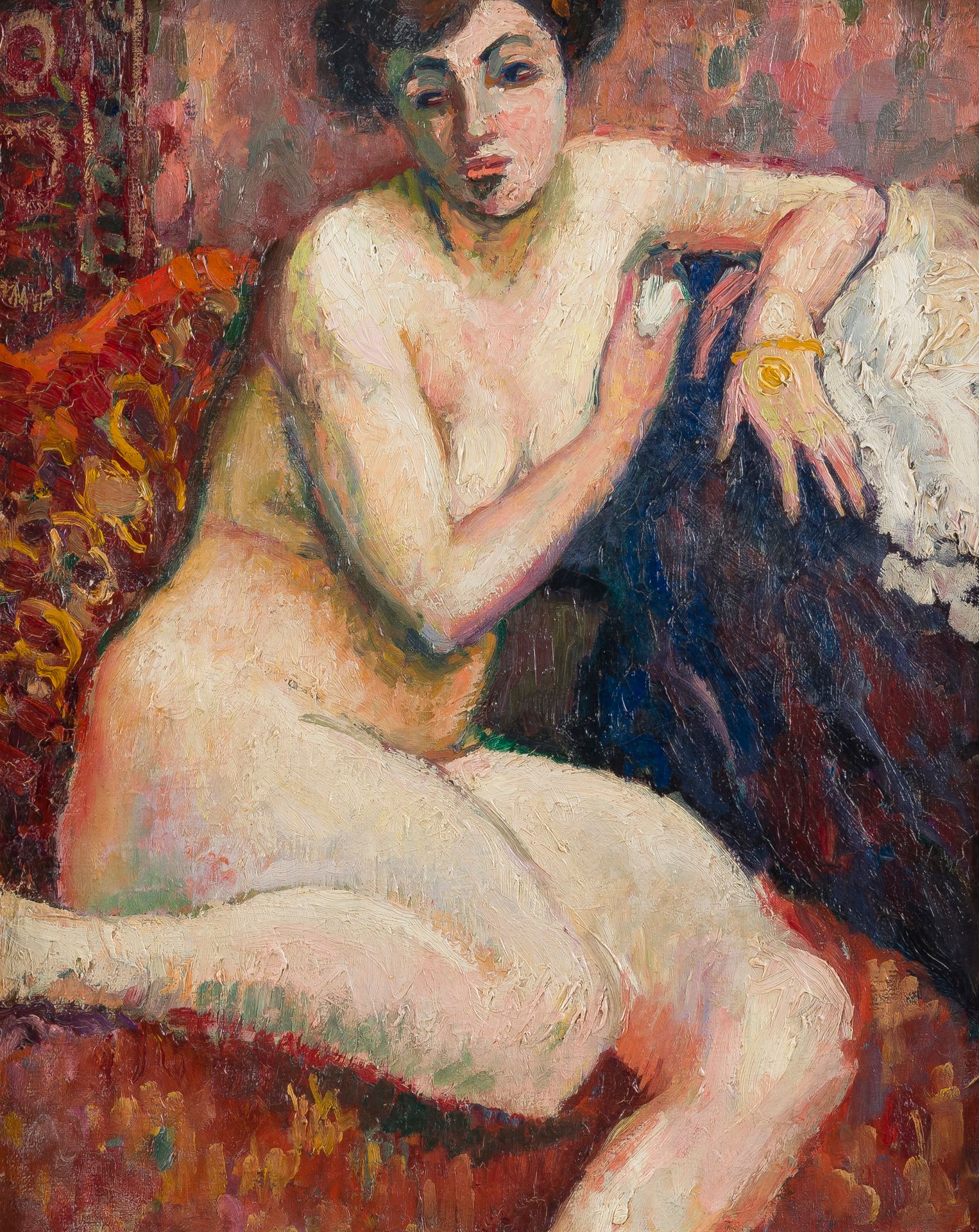 Ludovic-Rodolphe PISSARRO dit RODO PISSARRO (1878-1952)
Nu au divan
Huile sur toile.
Annotations au dos : « Ce tableau est de mon oncle L. Rodo Pissarro / C. Bonin Pissarro 3 / 1992 ».
(Craquelures).
41 x 33 cm