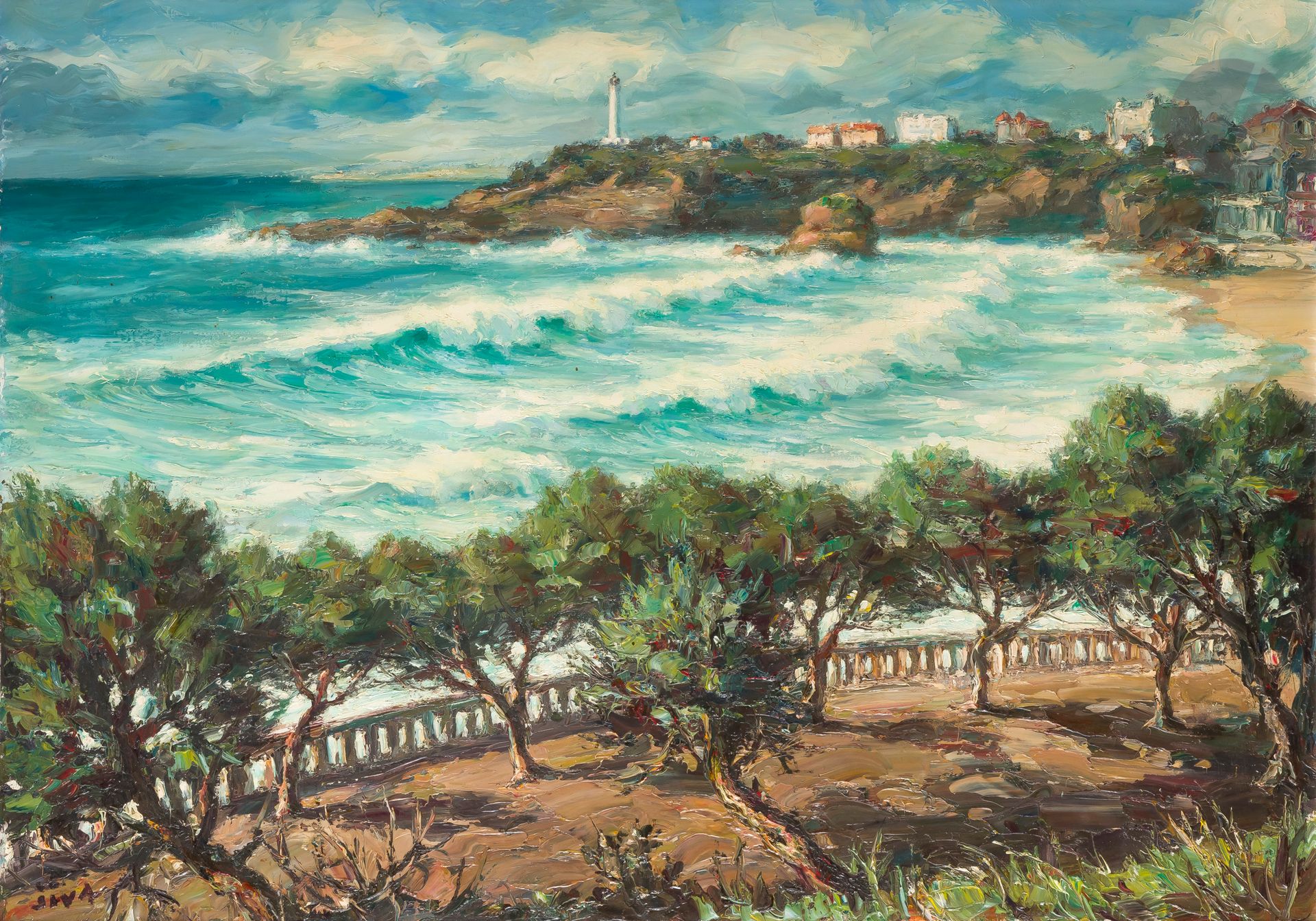 JIVA (1907-1974)
Biarritz, grosse mer
Huile sur toile.
Signée en bas à gauche.
Signée, titrée et située au dos.
65,5 x 92 cm