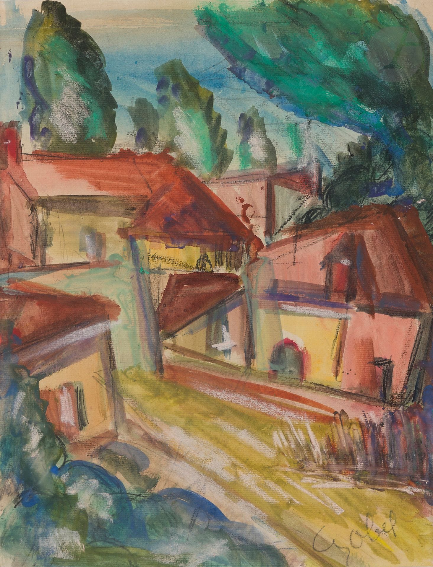 Béla CZÓBEL [hongrois] (1883-1976)
Vue de village
Gouache et fusain.
Signée en bas à droite.
34,5 x 26,5 cm
