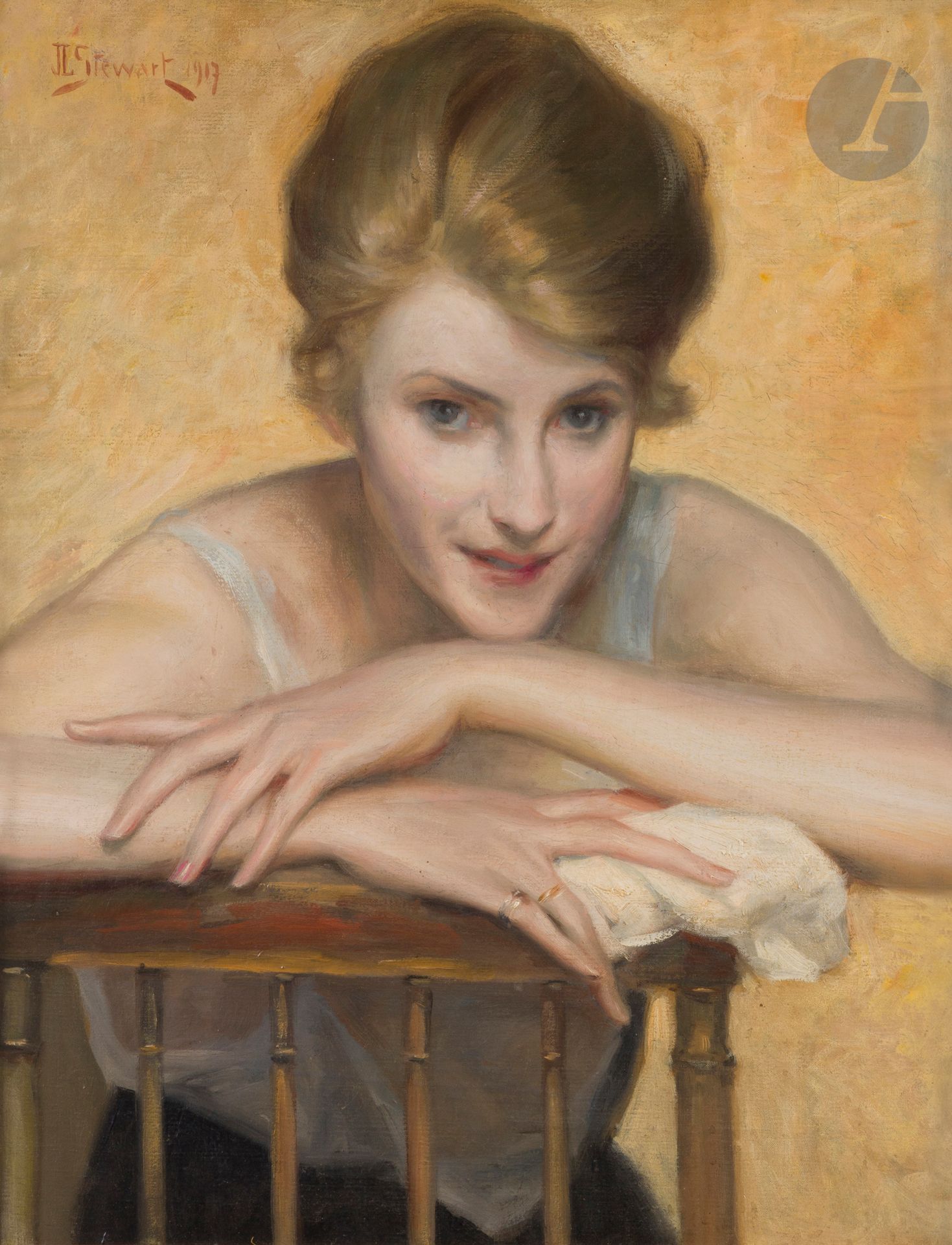 Julius Leblanc STEWART (1855-1919)
Portrait de femme à la chaise, 1917
Huile sur toile.
Signée et datée en haut à gauche.
61 x 46 cm