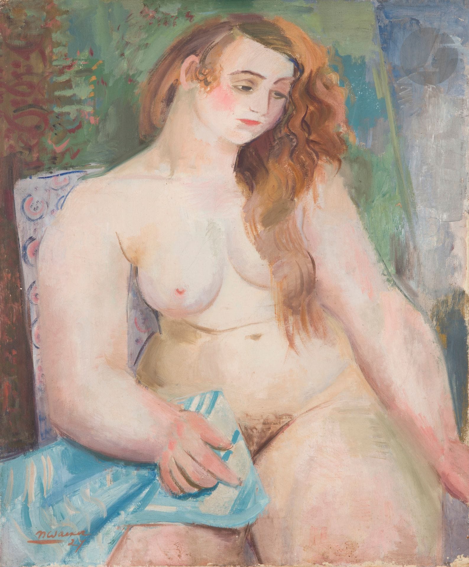 Nicolas WACKER (1897-1987)
Femme nue assise, 1927
Huile sur toile.
Signée et datée en bas à gauche.
Timbre de l’atelier au dos.
65 x 54 cm