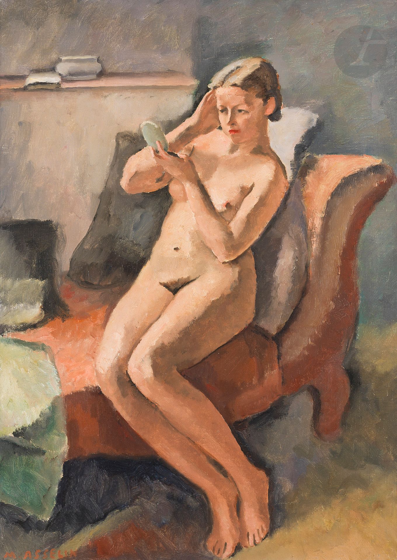 Maurice ASSELIN (1882-1947)
Nu au face-à-main
Huile sur toile.
Signée en bas à gauche.
81 x 60 cm
