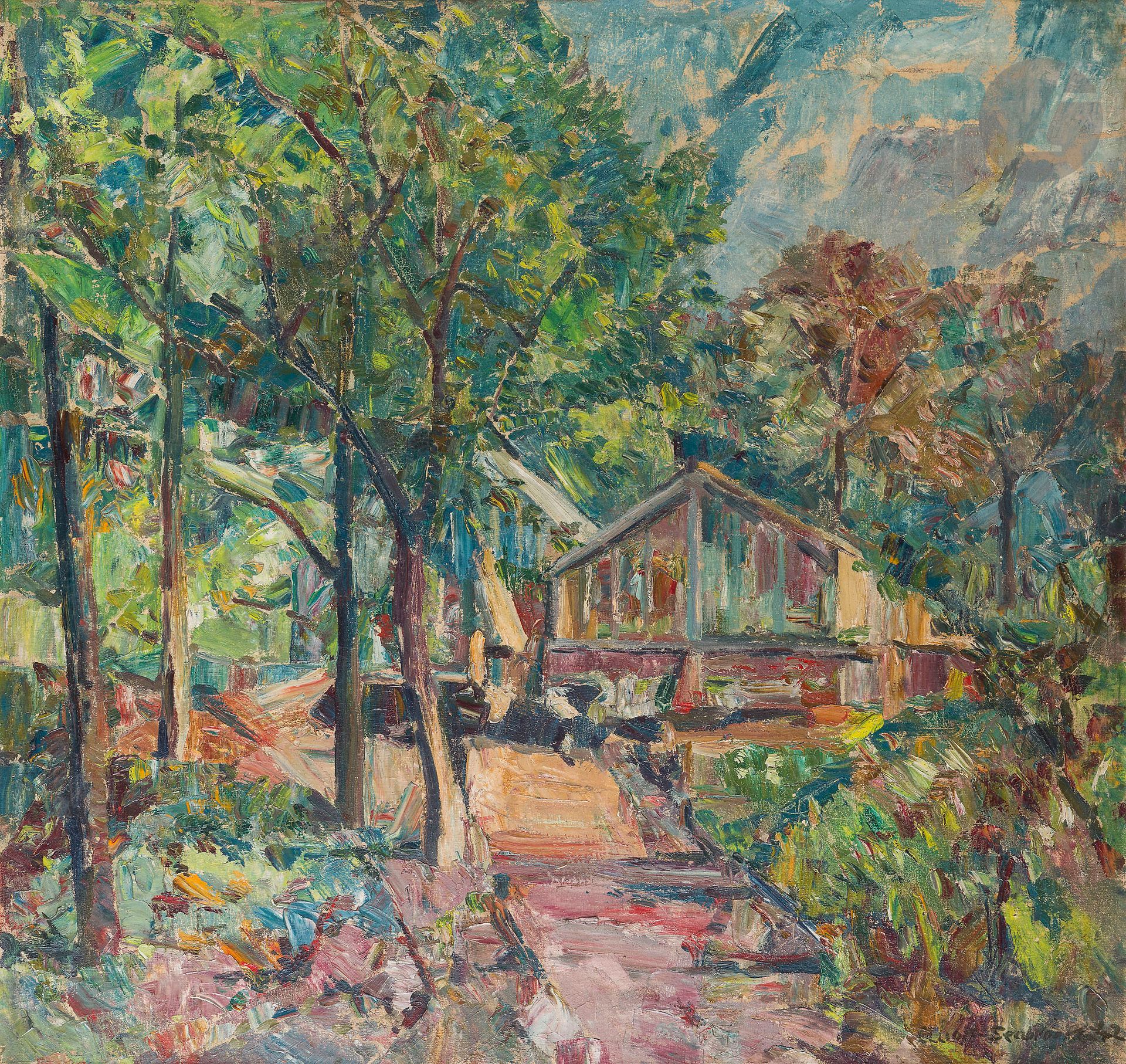 Elliott SEABROOKE (1886-1950)
La Maison dans les arbres, 1942
Huile sur toile.
Signée et datée en bas à droite.
(Restauration).
81 x 81 cm