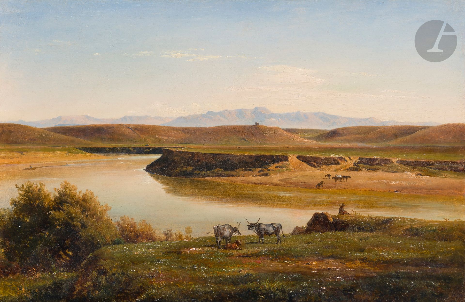 Jean-Achille BENOUVILLE (1815-1891)
Vue des bords du Tibre
Huile sur papier sur toile.
Inscription à l’encre et au crayon au verso sur le châssis  : « 269. Bords du Tibre. / les figures sont d’H.ce Vernet ».
30 x 44,5 cm

Provenance  : 
- Vente anonyme, Hôtel Drouot, Paris, mars 1970.
- Galerie Gosselin, Paris.

Exposition  : 
Aspects du paysage néo-classique en France de 1790 à 1855, Galerie du Fleuve,  Paris, 30 mai - 22 juin 1974, n°4 (étiquette au dos).

Bibliographie  : 
- Marie-Madeleine Aubrun, Aspects du paysage néo-classique en France de 1790 à 1855, Galerie du Fleuve, Paris, 
30 mai - 22 juin 1974, p. 7, reproduit p. 9. 
- Marie-Madeleine Aubrun, Achille Benouville, 1815-1891, Catalogue raisonné de l’œuvre, Paris, 1986, n°244, p. 144,  reproduit sur la couverture.