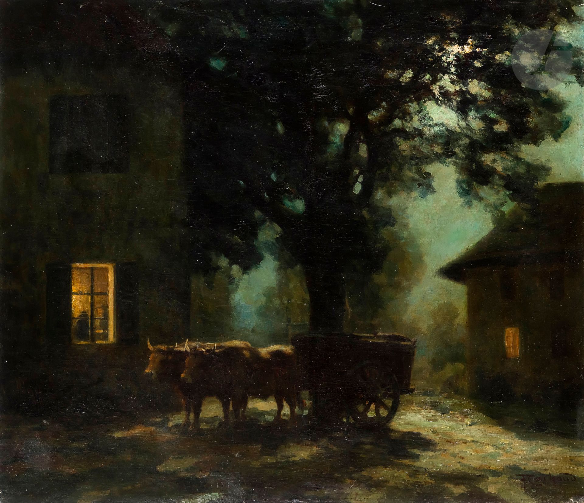 Francois CACHOUD (1866-1943)
Les Bœufs au clair de lune
Huile sur toile.
Signée en bas à droite.
(Usures).
70 x 81 cm

Nous remercions Monsieur Eddy Barbaux, président de l’association Les Amis de François Cachoud, pour les informations qu’il nous a transmises.

Un certificat de Monsieur Eddy Barbaux, en date du 28 novembre 2022, sera remis à l’acquéreur.