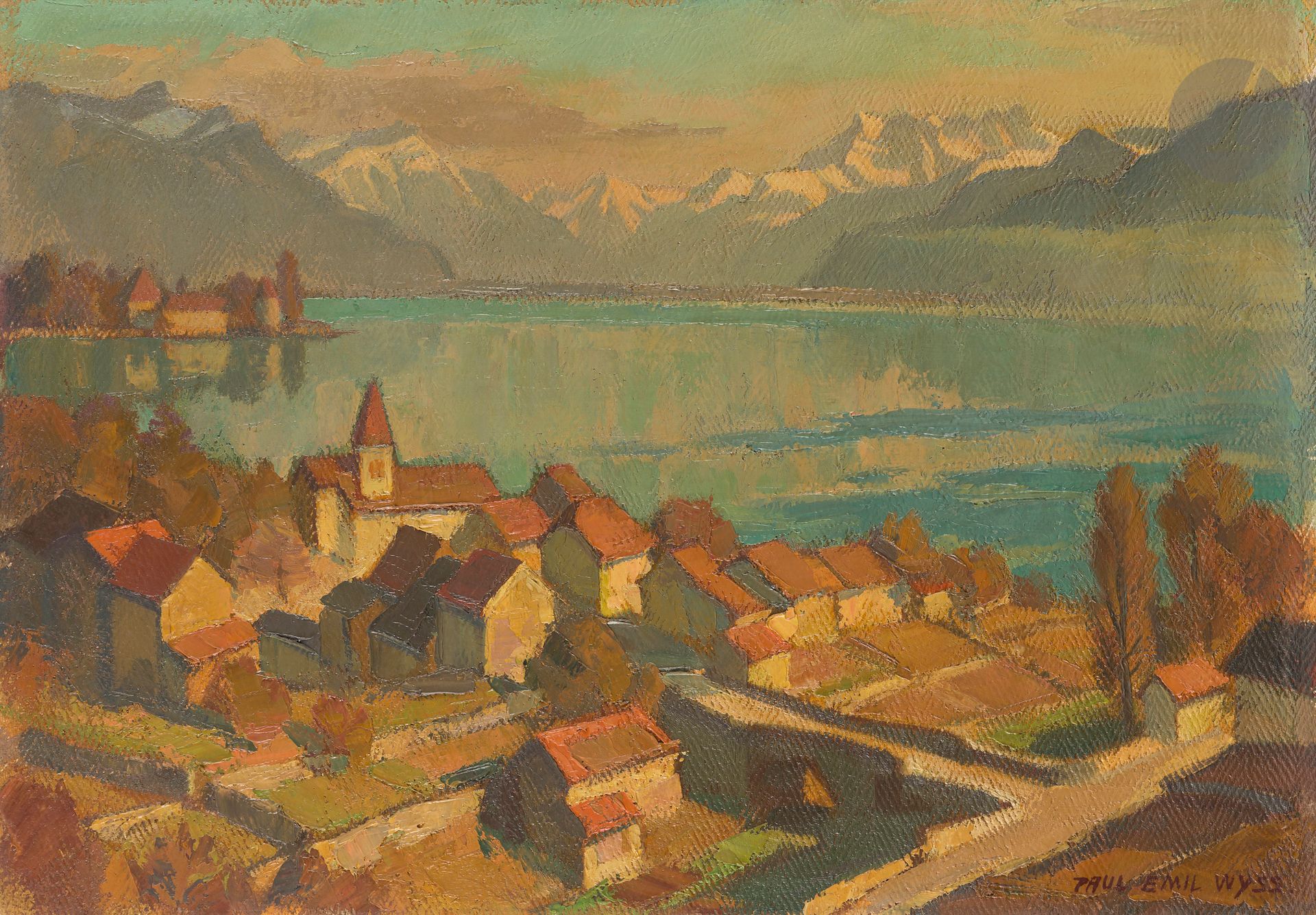 Paul Emil Wyss known as Paul WEISS (1888-1977)
Switzerland, village on Lake Geneva
Oil on canvas.
Signed lower right.
56 x 79 cm