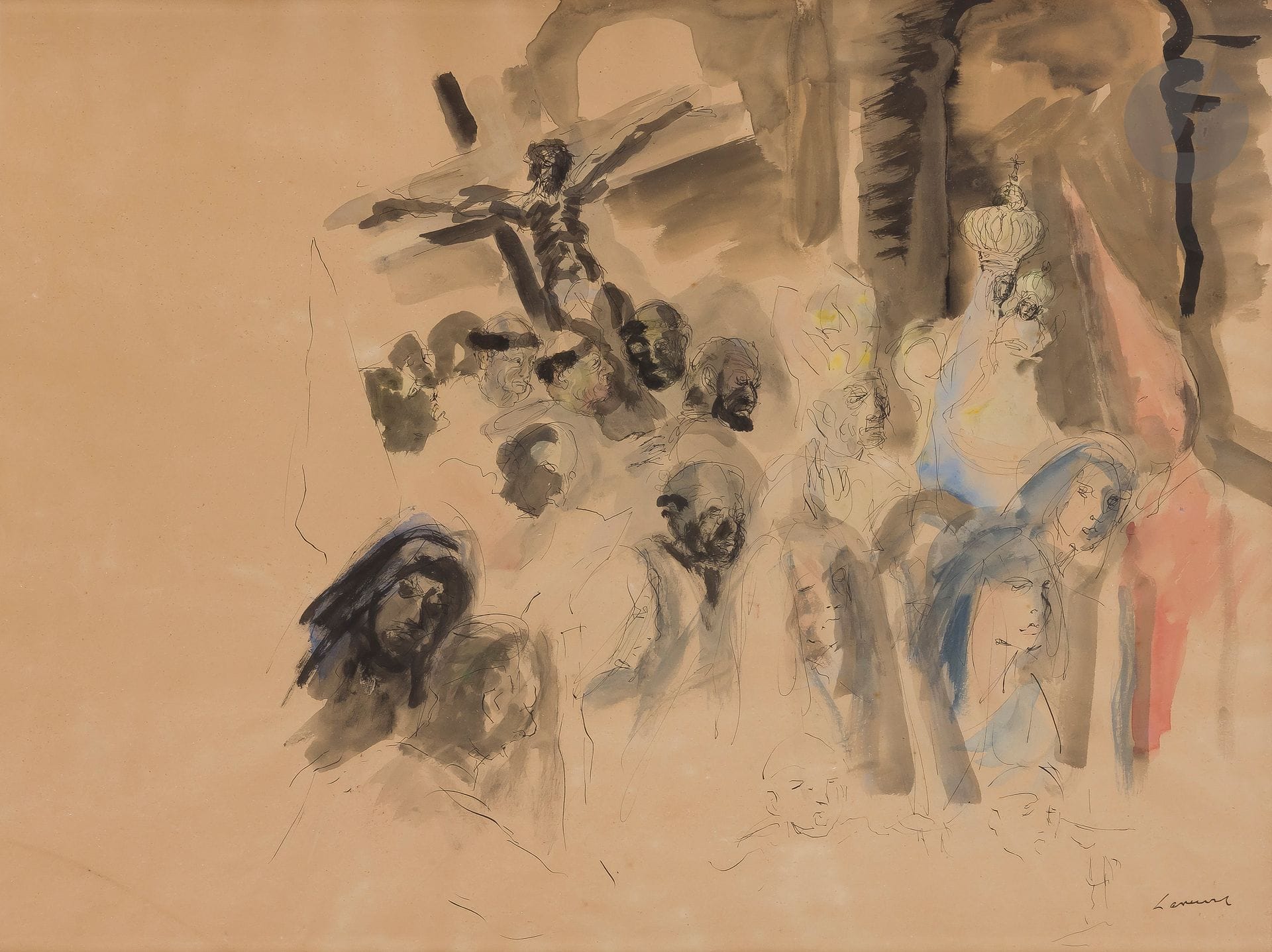 Jean LAUNOIS (1918-1942)
Procession
Encre et aquarelle.
Signée en bas à droite.
48,5 x 64,5 cm
