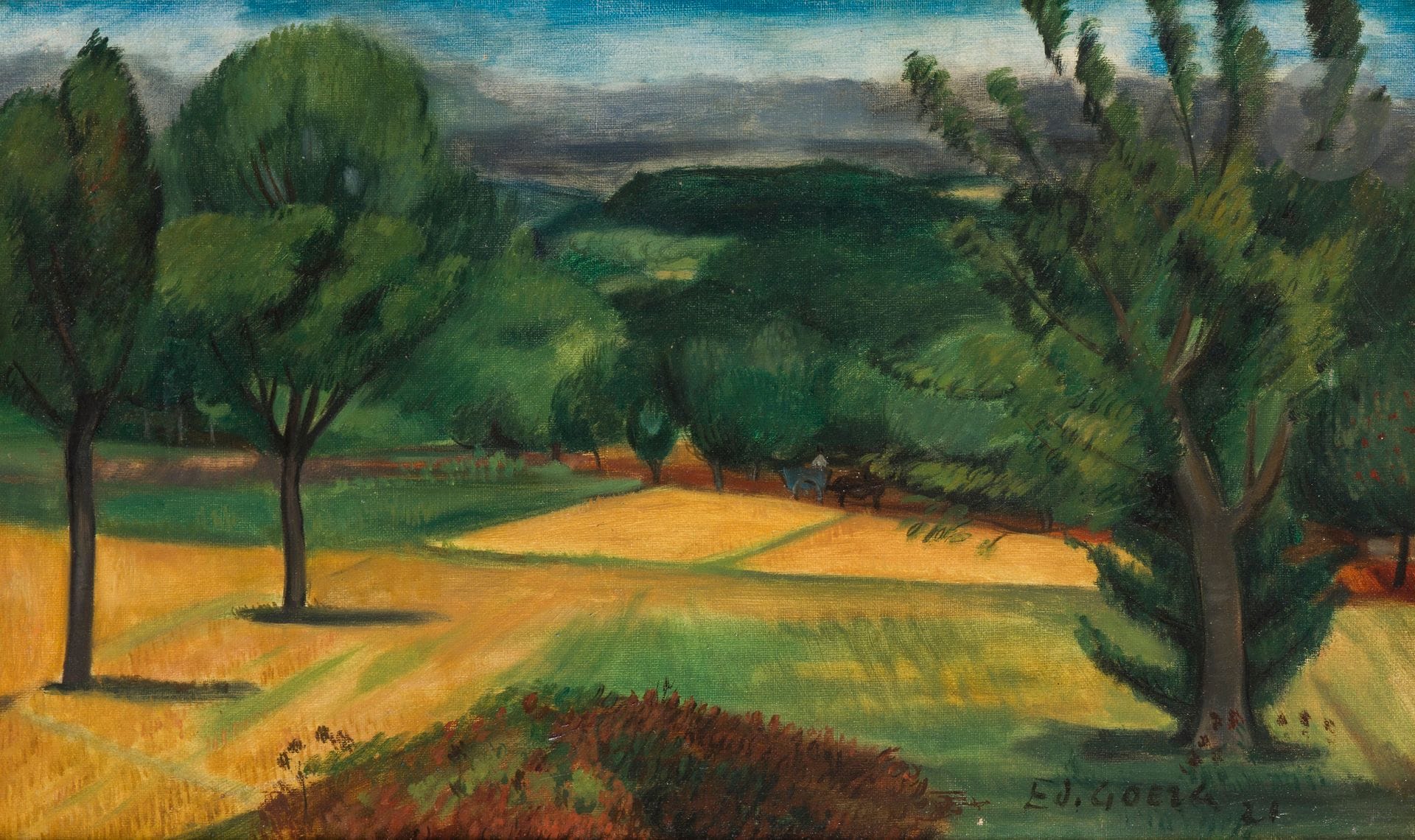 Édouard GOERG (1893-1969)
Landscape in the fields, 1921
Oil on canvas.
Signed and dated lower right.
(Lining and restoration).
33 x 55 cm

We thank Mrs Philippine Maréchaux for confirming the authenticity of this work.