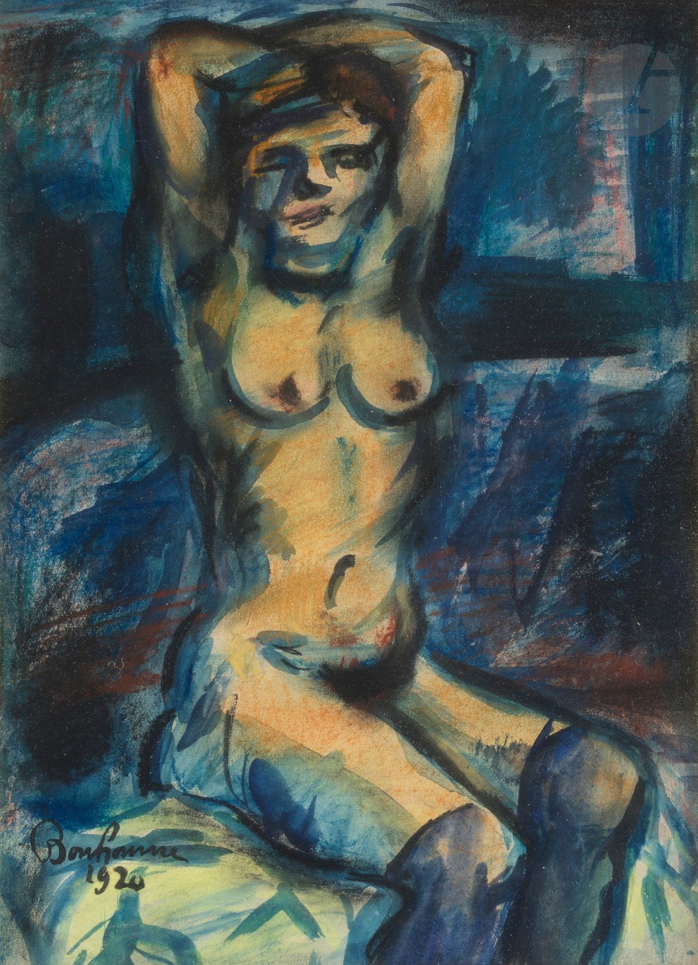 Léon BONHOMME (1870-1924)
Nu assis au bas noir, 1920
Aquarelle et crayons gras.
Signée et datée en bas à gauche.
20 x 15 cm