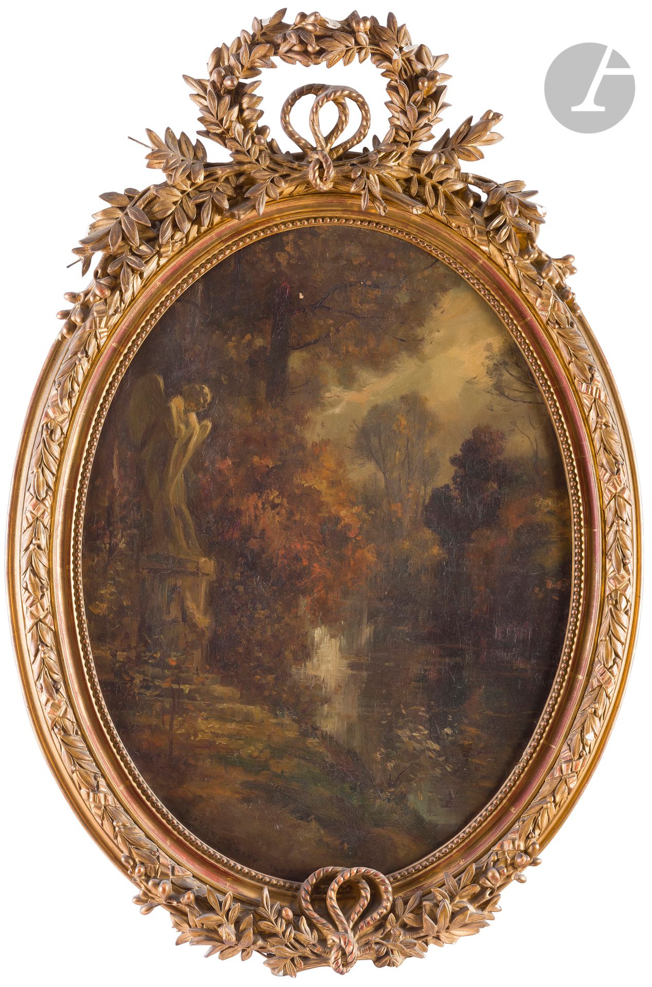 Pierre Franc LAMY (1855-1919)
L’Ange
Huile sur toile ovale.
Signée en bas à gauche.
(Petits manques).
71 x 55 cm