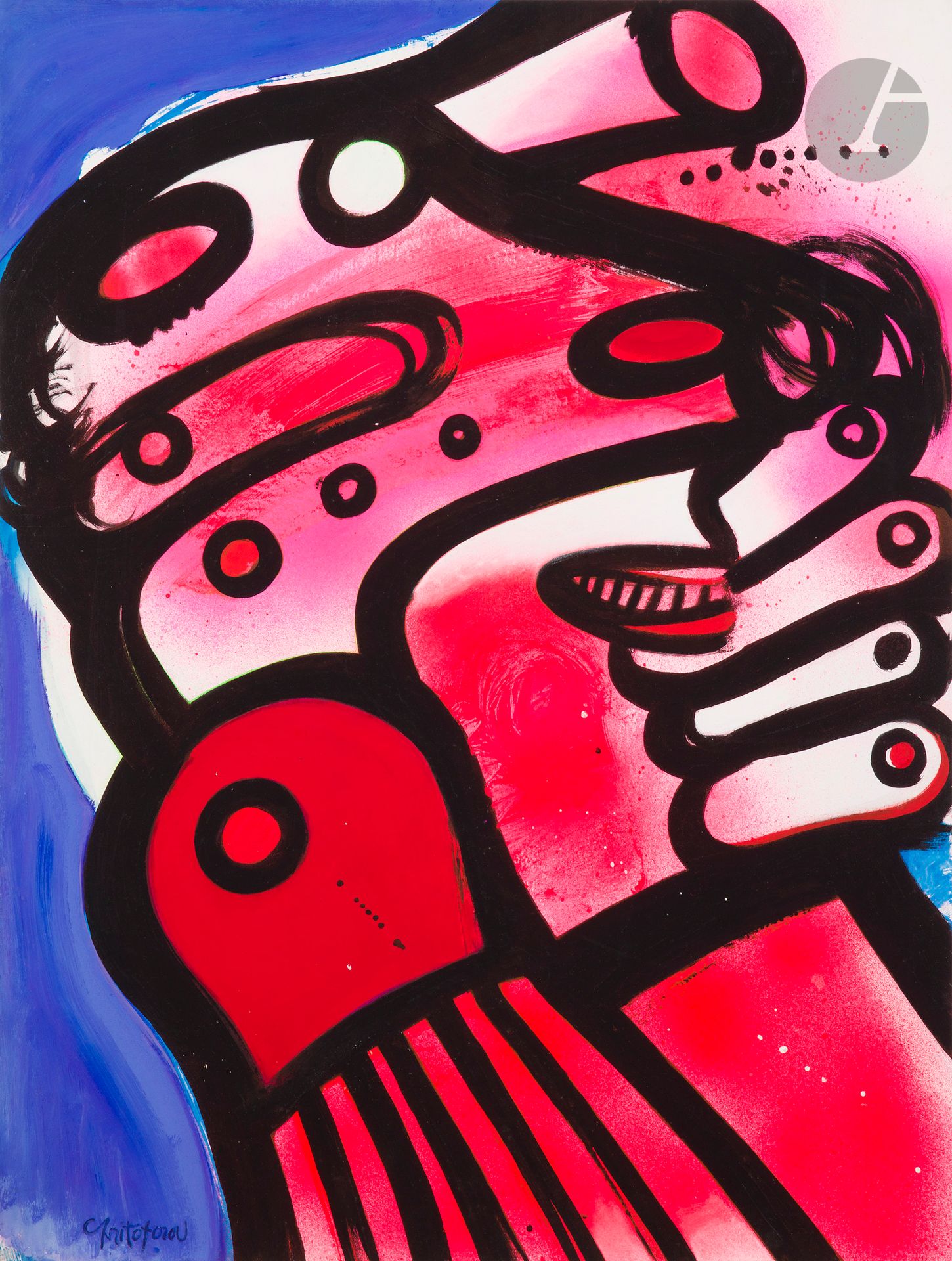 John CHRISTOFOROU [grec] 
(1921-2014)
Femme folle, 1977
Gouache.
Signée en bas à gauche.
Signée, datée et titrée au dos.
65 x 50 cm