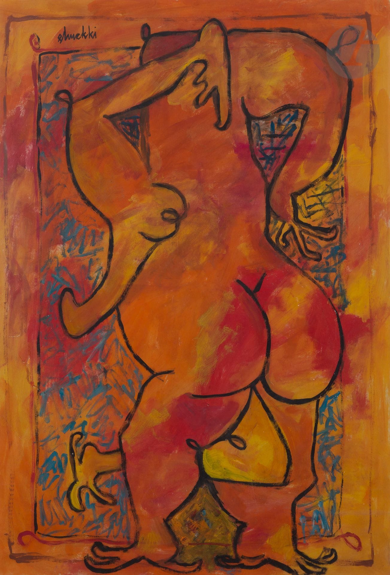 Hatim EL MEKKI [tunisien] (1918-2003)
Nu debout
Huile sur papier.
Signée en haut à gauche.
70 x 48 cm