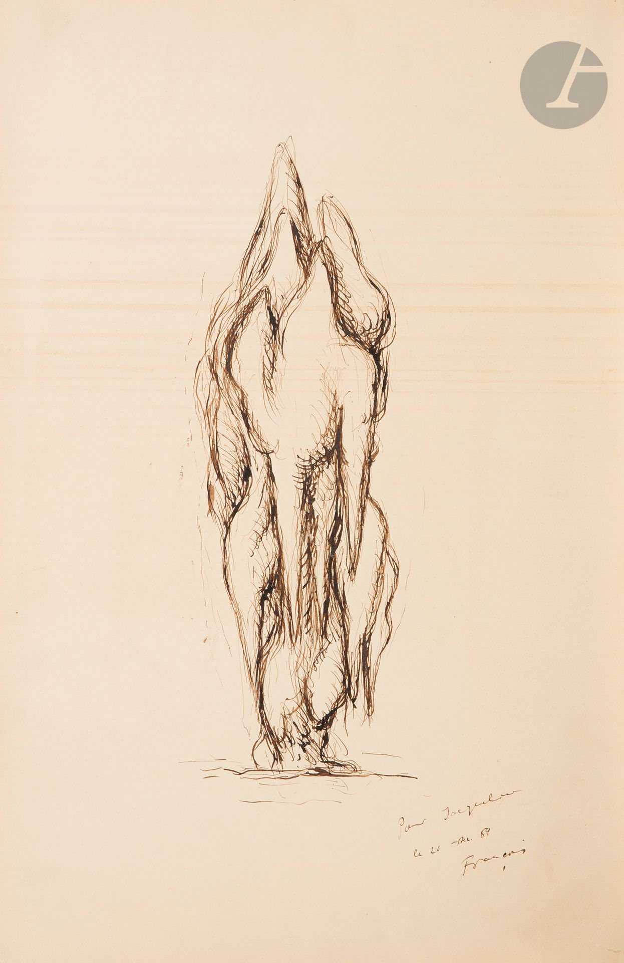 François STAHLY (1911-2006)
Étude de sculpture, 1959
Encre.
Signée, datée et dédicacée « Pour Jacqueline » en bas à droite.
(Marques horizontales).
50 x 33 cm

Provenance : 
Collection Jacqueline Selz.