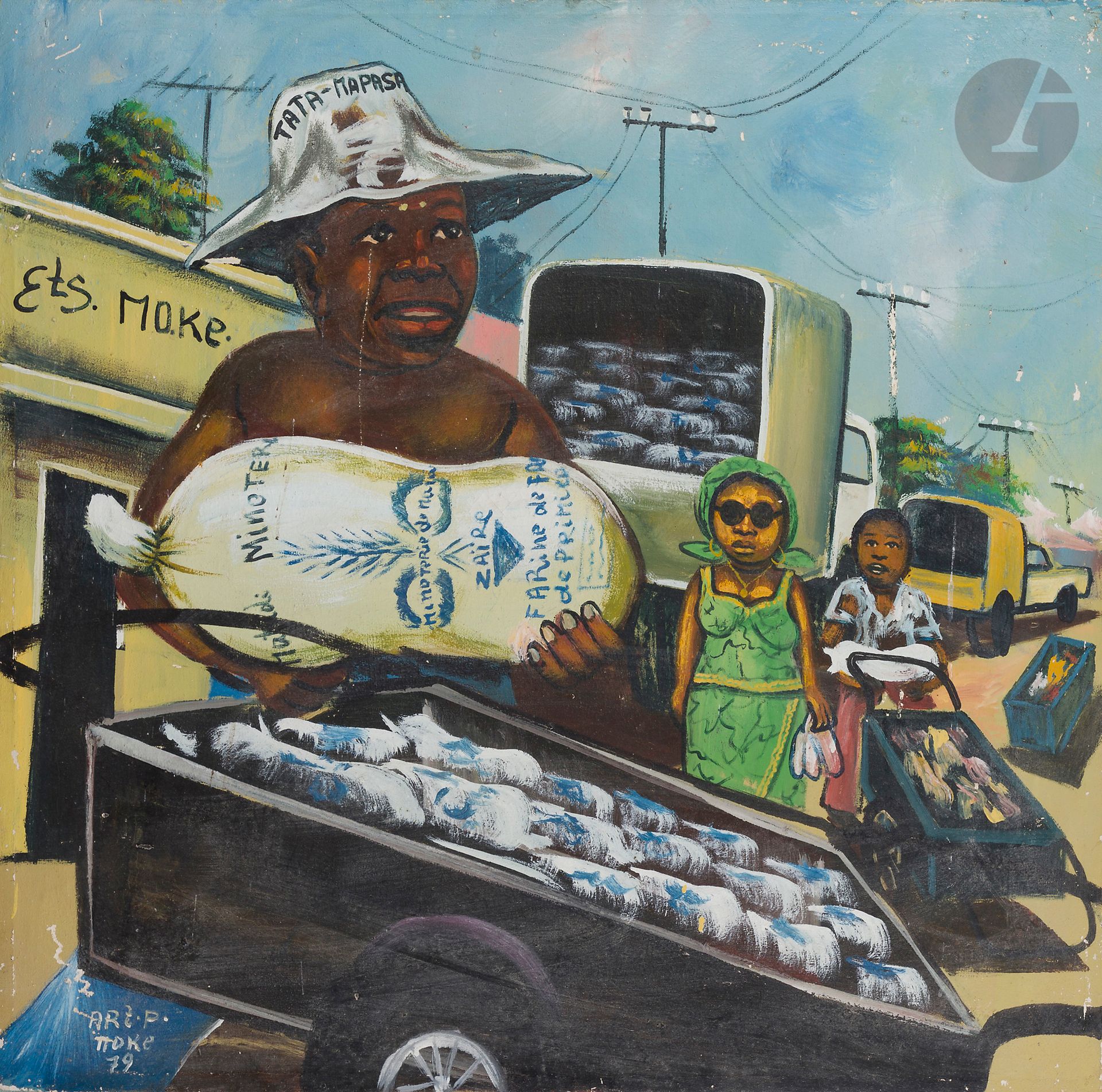 Monsengwo KEJWAMFI dit MOKÉ [congolais] (1950-2001)
Tata-Mapasa, 1972
Peinture sur toile de sac.
Signée et datée en bas à gauche.
(Usures et manques, châssis voilé).
92 x 94 cm