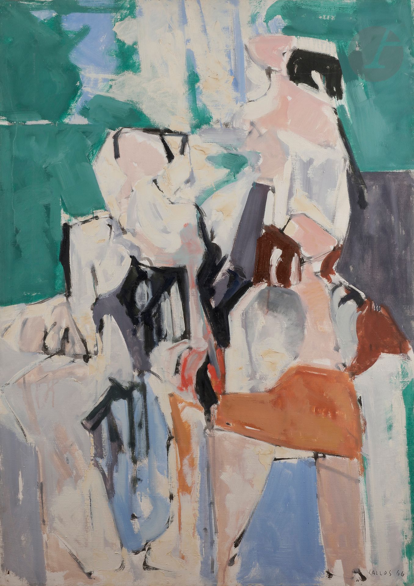 Paul KALLOS [hongrois]
(1928-2001)
Nu dans l’atelier, 1966
Huile sur toile.
Signée et datée en bas à droite.
(Petit trou et enfoncements).
130 x 89 cm

Provenance : 
Galerie Pierre Domec, Paris (tampon au dos sur le châssis).