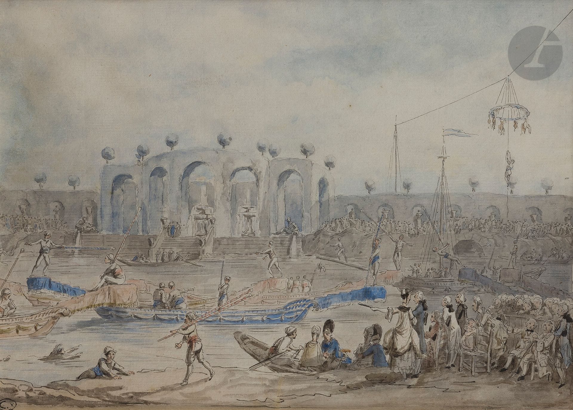 ÉCOLE FRANCAISE de la fin du XVIIIème siècle
Scène de fête nautique
Aquarelle, plume et encre de Chine.
Cachet Cailleux en bas à gauche (Lugt 4461).
17,5 x 24 cm