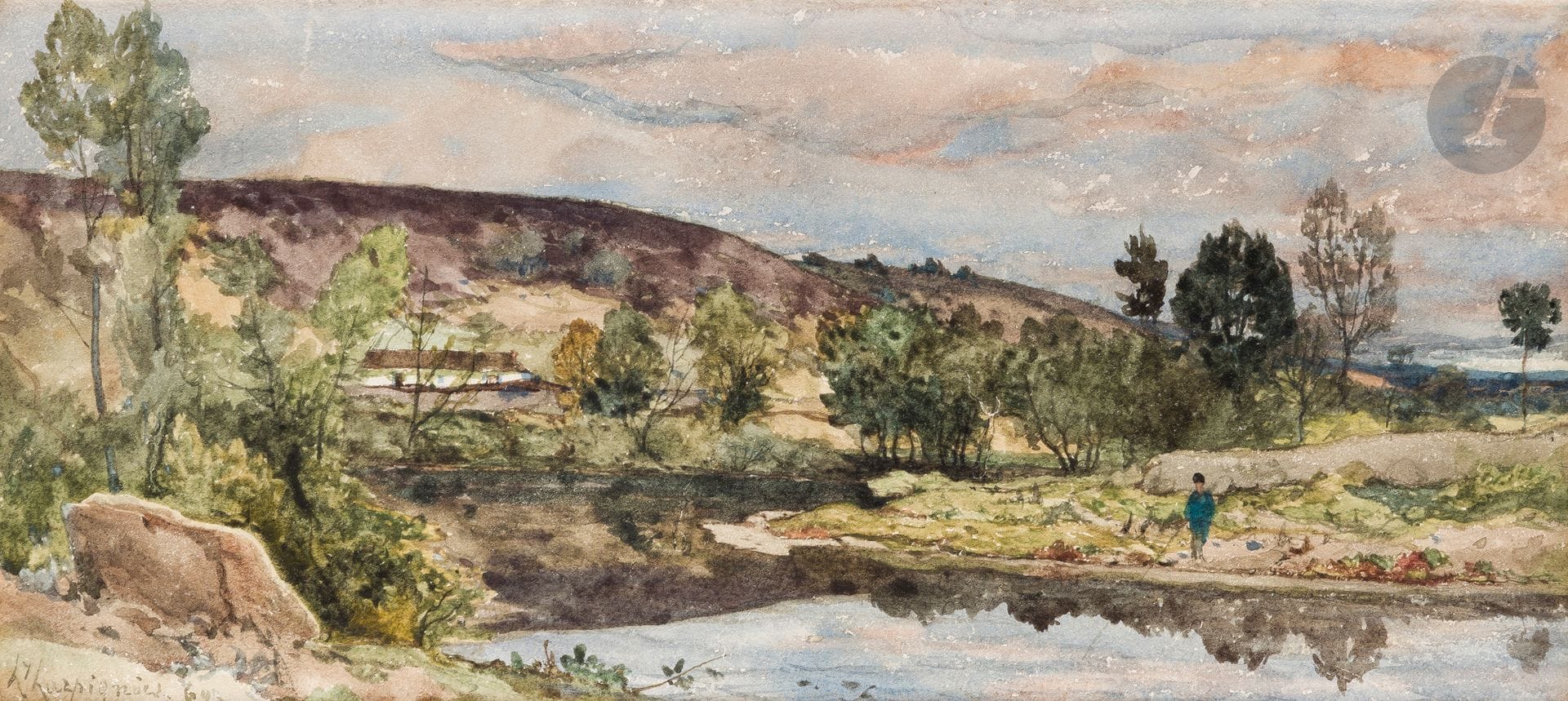 Henri Joseph HARPIGNIES 
(Valenciennes 1819 - Saint-Privé 1916)
Pêcheur en bord de rivière, 1869
Aquarelle.
Signée et datée en bas à gauche.
16,5 x 36,5 cm

Provenance : 
Vente Karl & Faber, Munich, 6 avril 2013, n°60.

Nous remercions Monsieur Jean-Pierre Cappoen pour les informations qu'il nous a transmises.