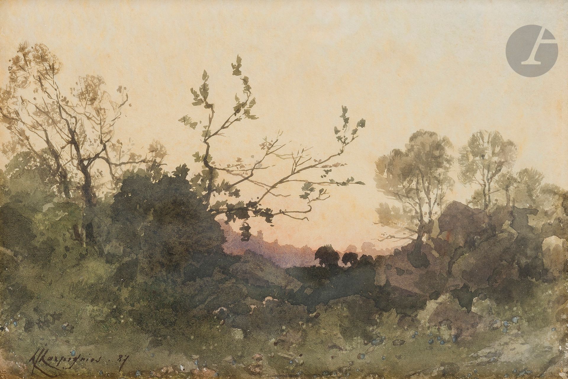 Henri Joseph HARPIGNIES 
(Valenciennes 1819 - Saint-Privé 1916)
Landscape at dusk, 1887
Watercolor.
Signed and dated lower left.
18 x 25,5 cm

We thank Mr. Jean-Pierre Cappoen for the information he gave us.