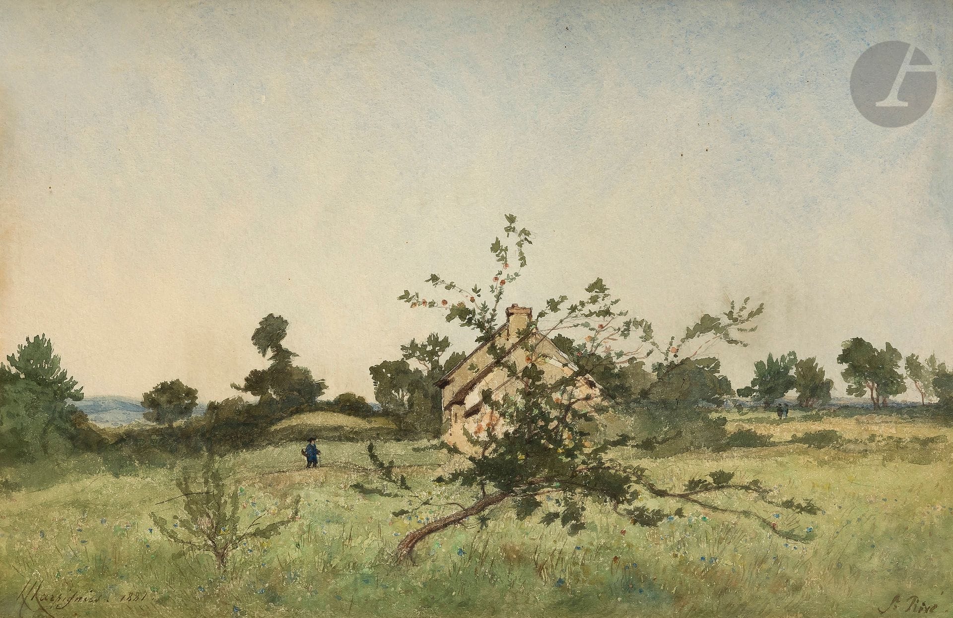 Henri Joseph HARPIGNIES 
(Valenciennes 1819 - Saint-Privé 1916)
Paysage de campagne à Saint-Privé, Yonne, 1881
Aquarelle.
Signée et datée en bas à gauche.
30 x 44 cm
 
Nous remercions Monsieur Jean-Pierre Cappoen pour les informations qu'il nous a transmises.
