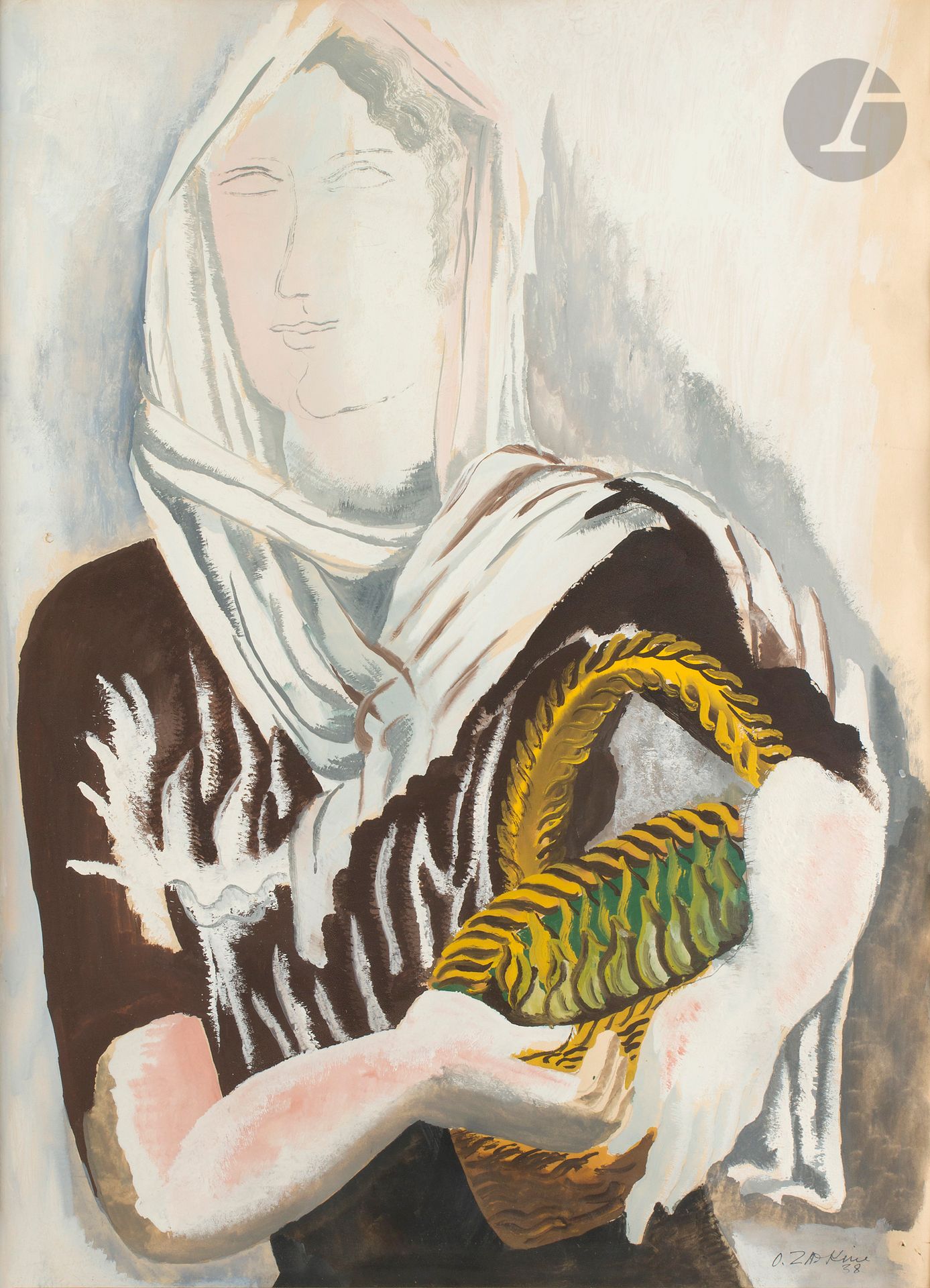 Ossip ZADKINE (1890-1967)
Femme à la corbeille, 1938
Gouache.
Signée et datée en bas à droite.
84 x 63 cm

Une attestation de Monsieur Richard Oudenhuysen du Zadkine Research Center, en date du 16 février 2023, sera remis à l'acquéreur. Cette œuvre est enregistrée dans les archives sous le n° P-1182.