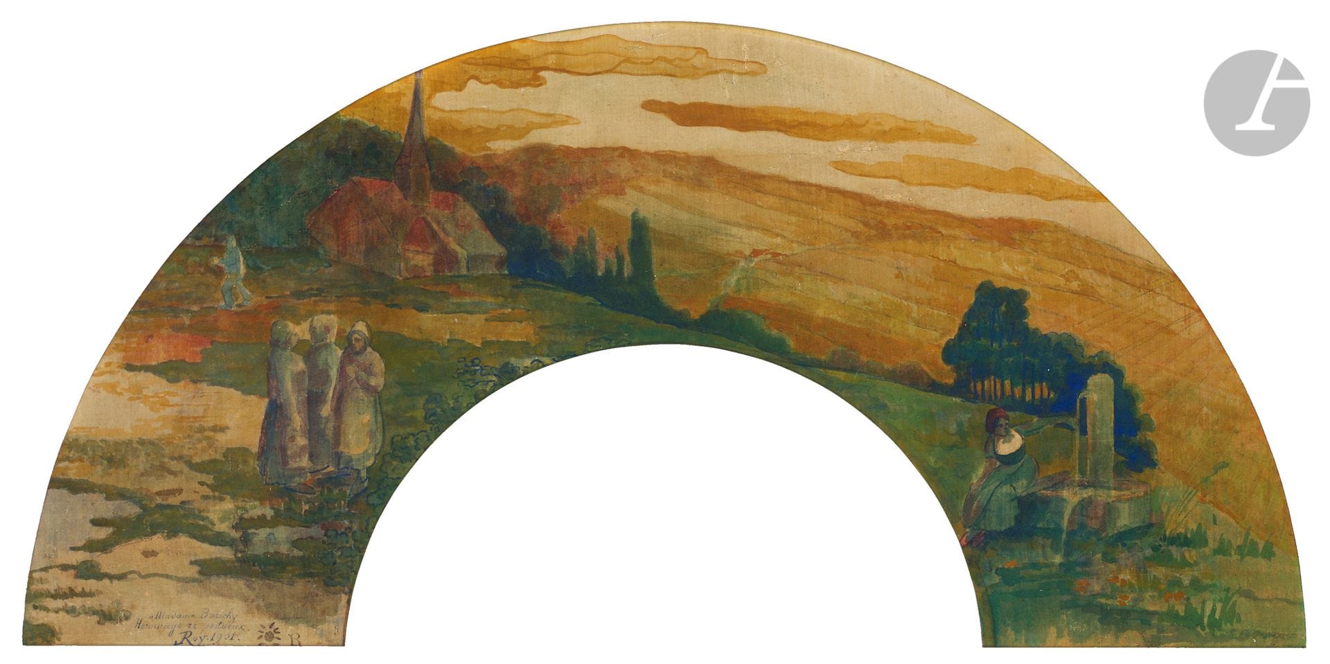Louis ROY (1862-1907)
Paysage breton à la fontaine, 1901
Aquarelle en forme d'éventail.
Signée, datée et dédicacée en bas à gauche à Madame Bauchy.
Timbre R15 de l'artiste en bas à gauche.
45,5 x 23 cm